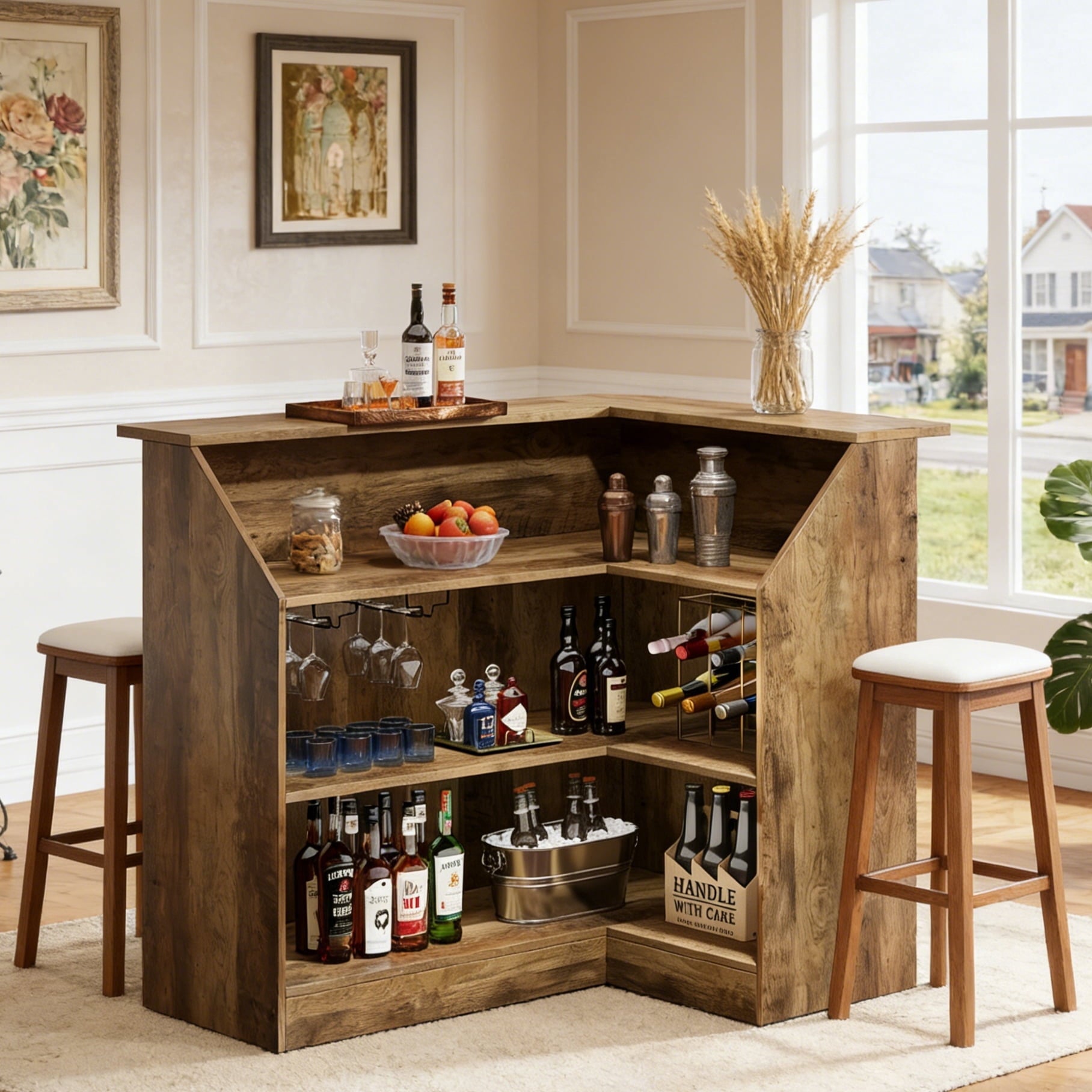 Fnova Bar Table, L-Shaped Home Pub Table with Stemware Racks, 4-Tier Corner Bar Unit Liquor Wine Bar Cabinet Reception Desk for Home Pub,Brown