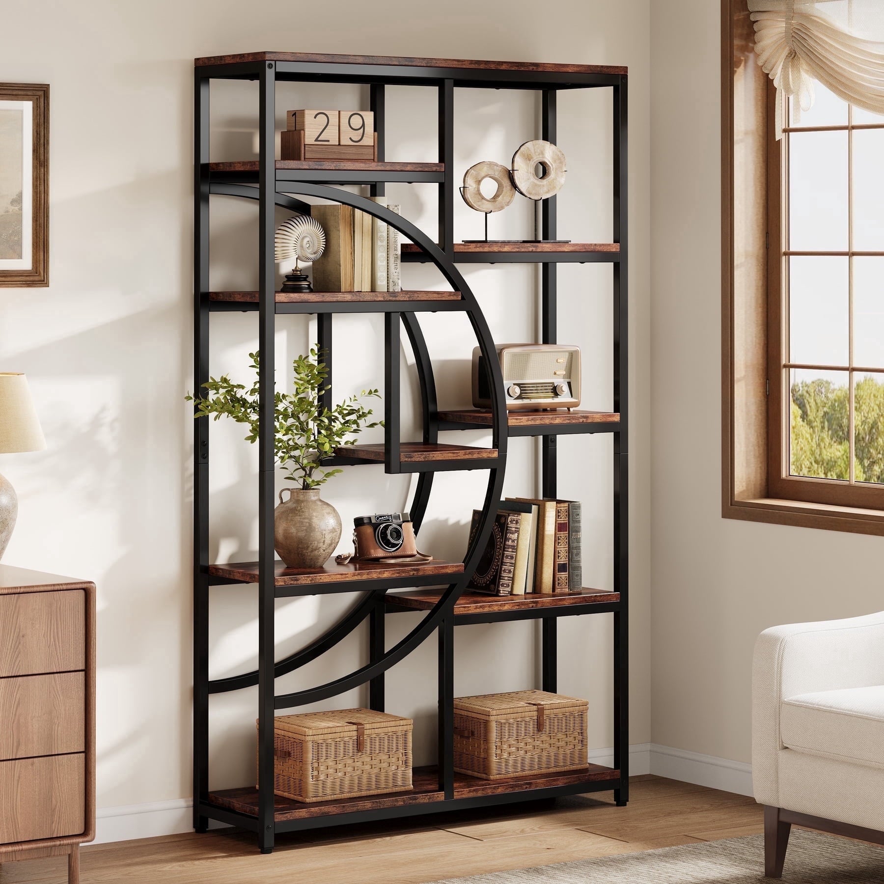 Fnova 68.8" 9 - Tier Industrial Bookshelf, Rustic Metal - Wood Storage Rack for Living Room/Office/Kitchen, Freestanding Tall Compact Corner Organizer,Brown