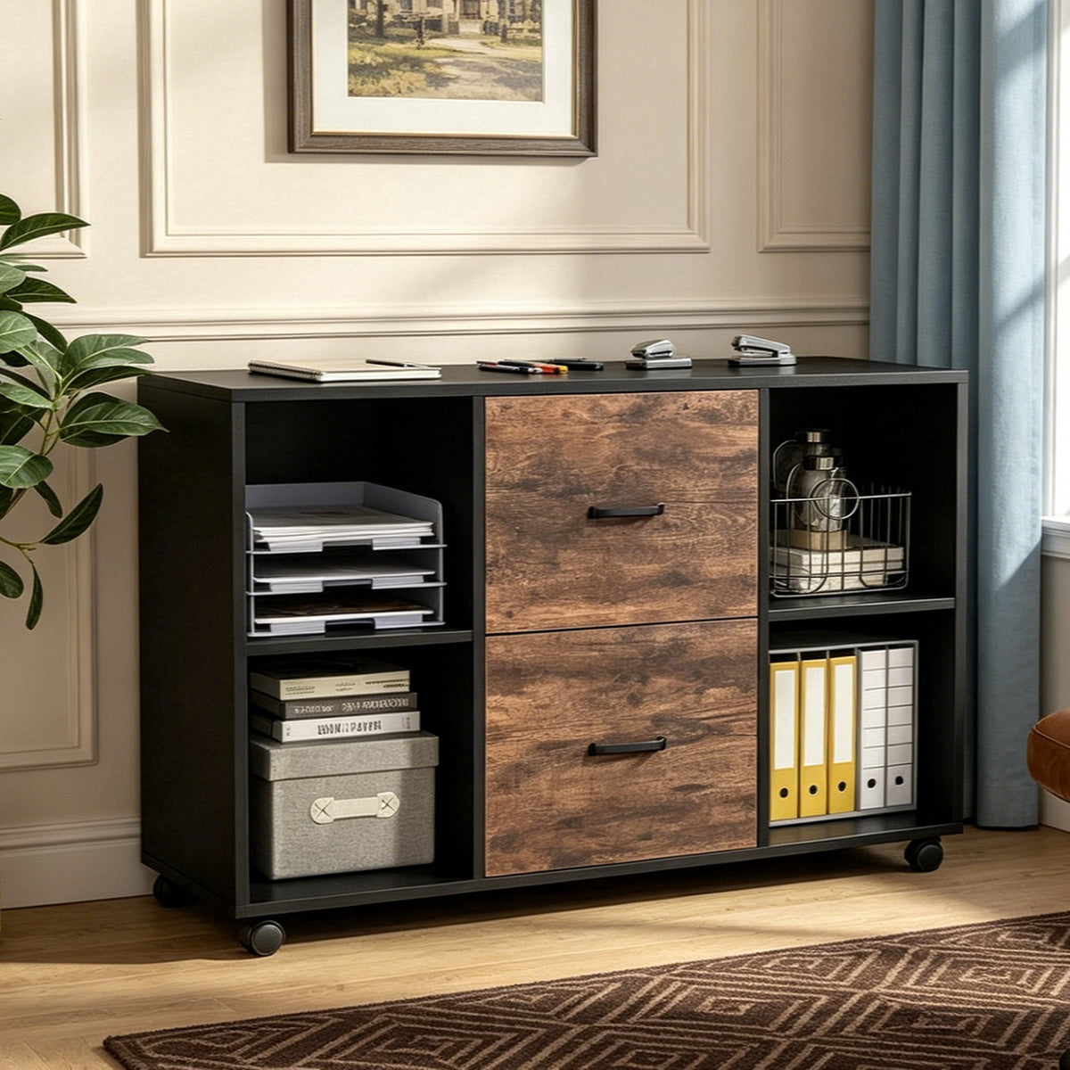 Fnova 39.4-Inch Mobile File Cabinet with 2 Drawers & Open Storage Cubes, Rolling Filing Cabinet with Lockable Wheels, Lateral File Organizer, Home Office Storage Furniture,WM010629_BBN_US