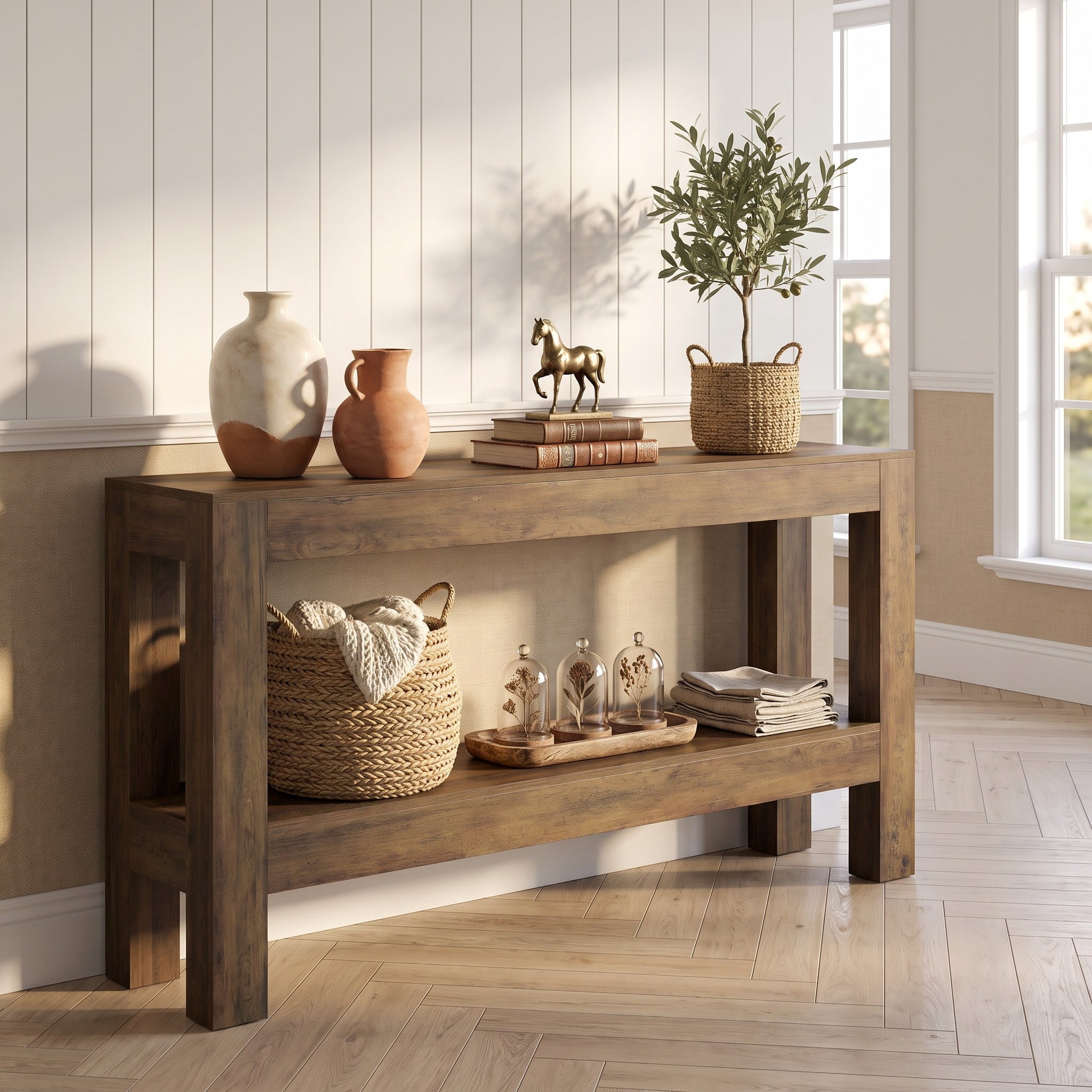 Fnova 63-Inch Farmhouse Console Table, Entryway Table with 2-Tier Storage Shelves, Wood Sofa Table for Living Room, Hallway, Foyer, Brown,WM010344_BN_US