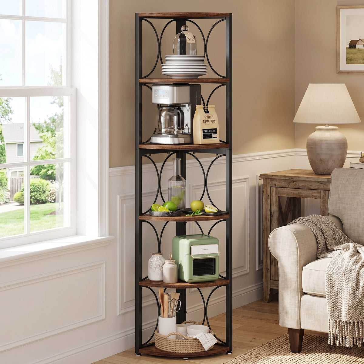 Fnova 6-Tier Corner Shelf Stand, 66.92-Inch Tall Freestanding Corner Bookshelf, X-Brace Reinforced Storage Rack for Living Room Bedroom Office,WM010574_BNB_US
