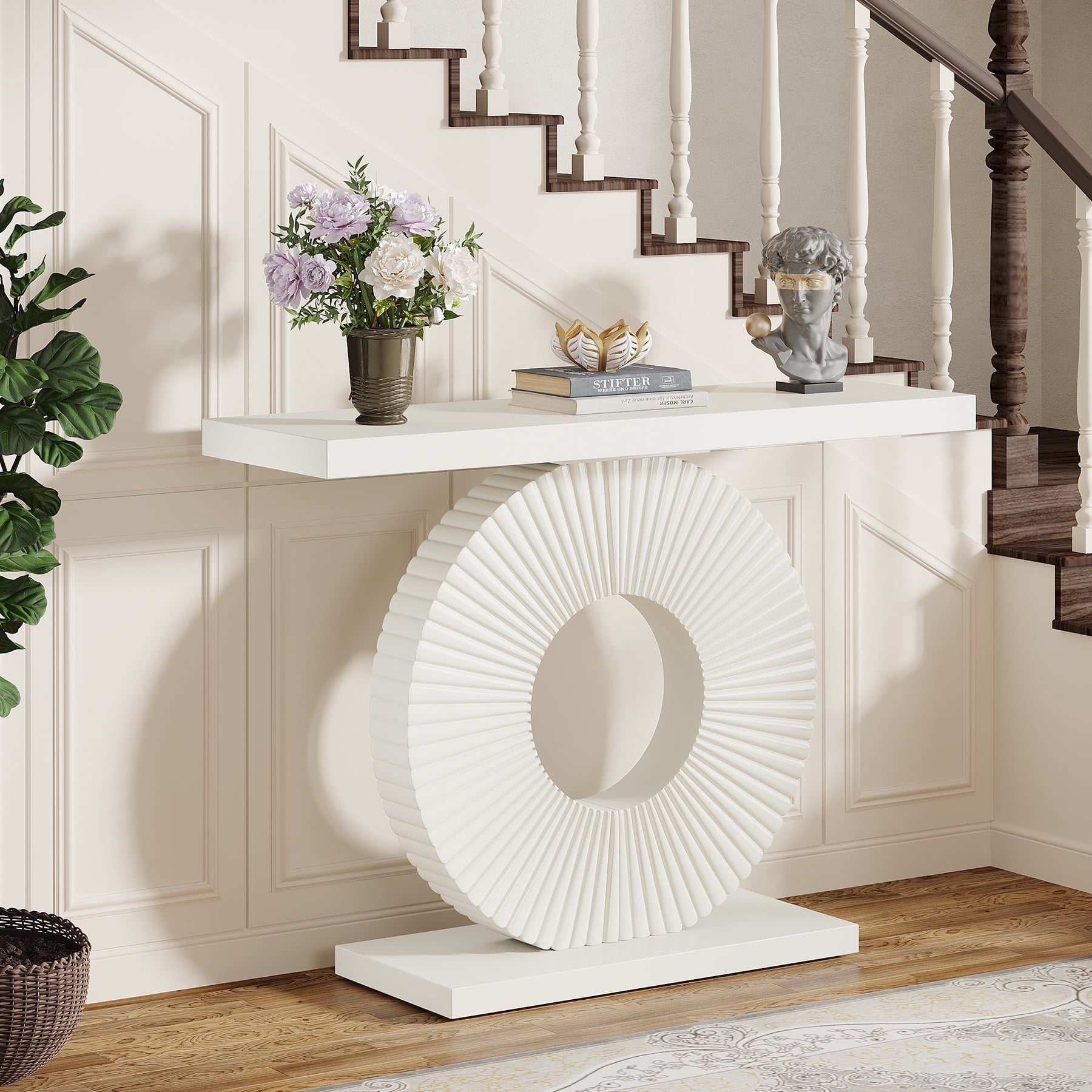 Fnova Console Table, 40" Wood Modern Art Narrow Long Side Table, Entryway Table with Round Base, Sofa Table, Accent Table for Living Room, Entryway, Hallway, White,White