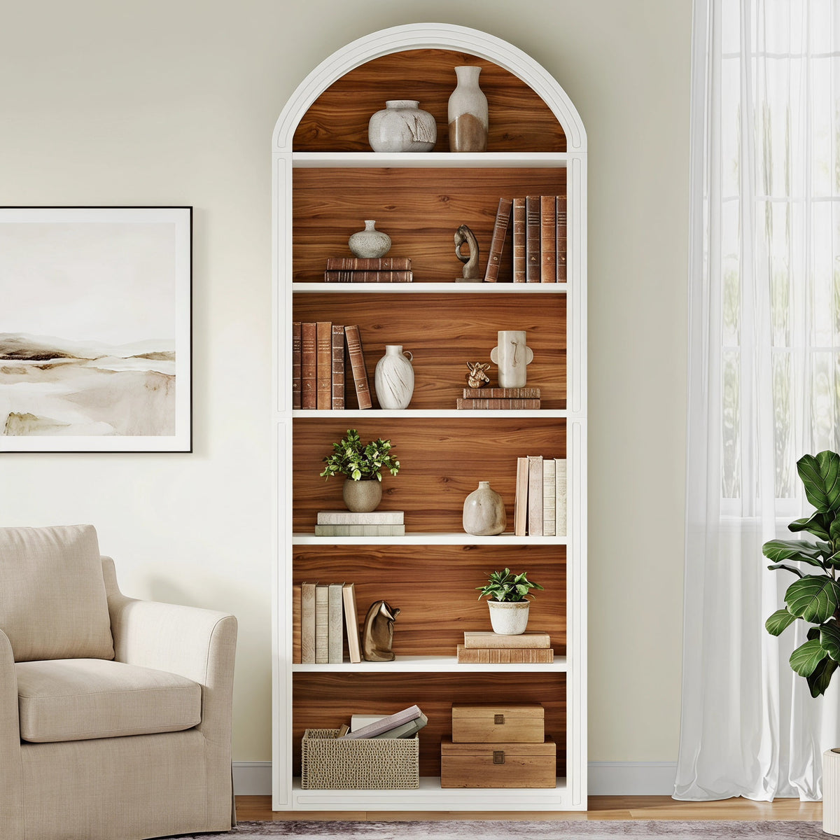 Fnova 78-Inch Bookshelf, Farmhouse Tall 6-Tier Arched Bookcase, Wood Display Shelf Book Shelf Organizer for Living Room, Bedroom, Entryway,WM010542_WBN6_US