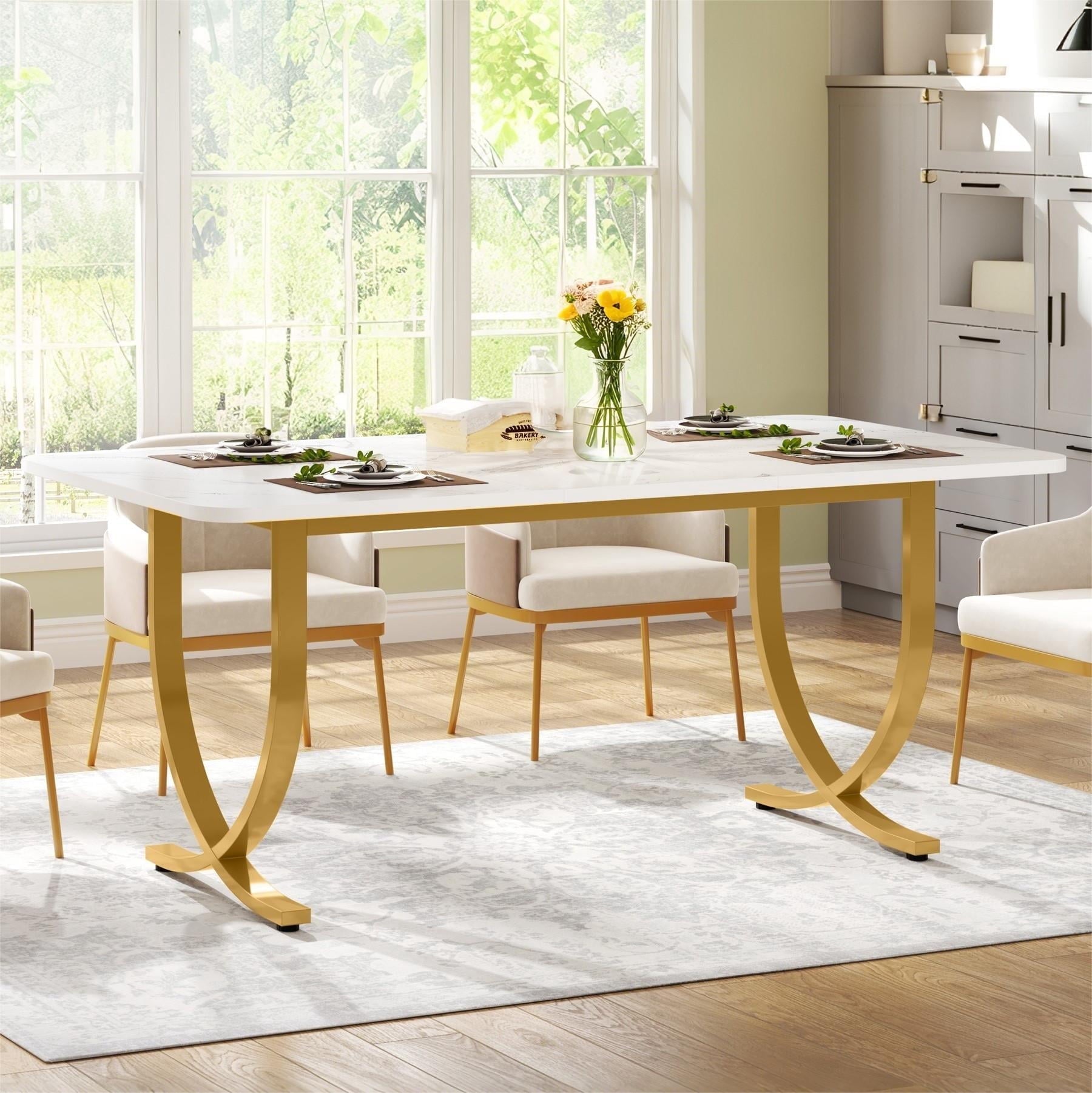 Fnova 63-Inch Modern Long Dining Table for 6 people, Rectangular Faux Marble Kitchen Table with Metal Legsfor Dining Room, White Gold,WM010225C_WG1_Tables