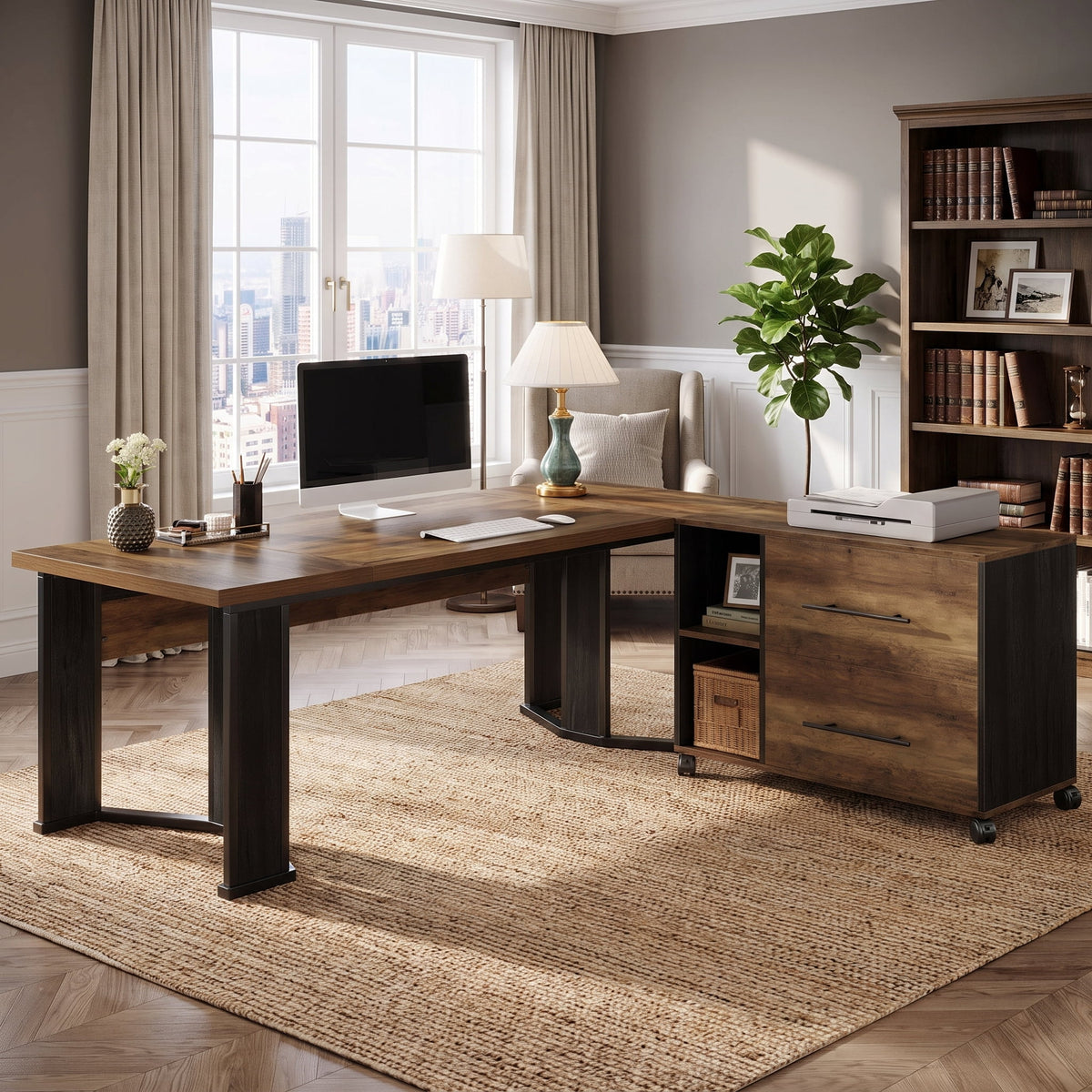 Fnova 70-Inch L-Shaped Executive Desk with Mobile File Cabinet, Industrial Office Desk with Drawers and Shelves, Computer Desk Writing Desk for Home Office,WM010432_BNB_US