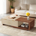 Fnova Modern Extendable Coffee Table with 2 Drawers, 42"-65" Expandable Wood Coffee Table for Living Room, Walnut & Oak,Brown and White