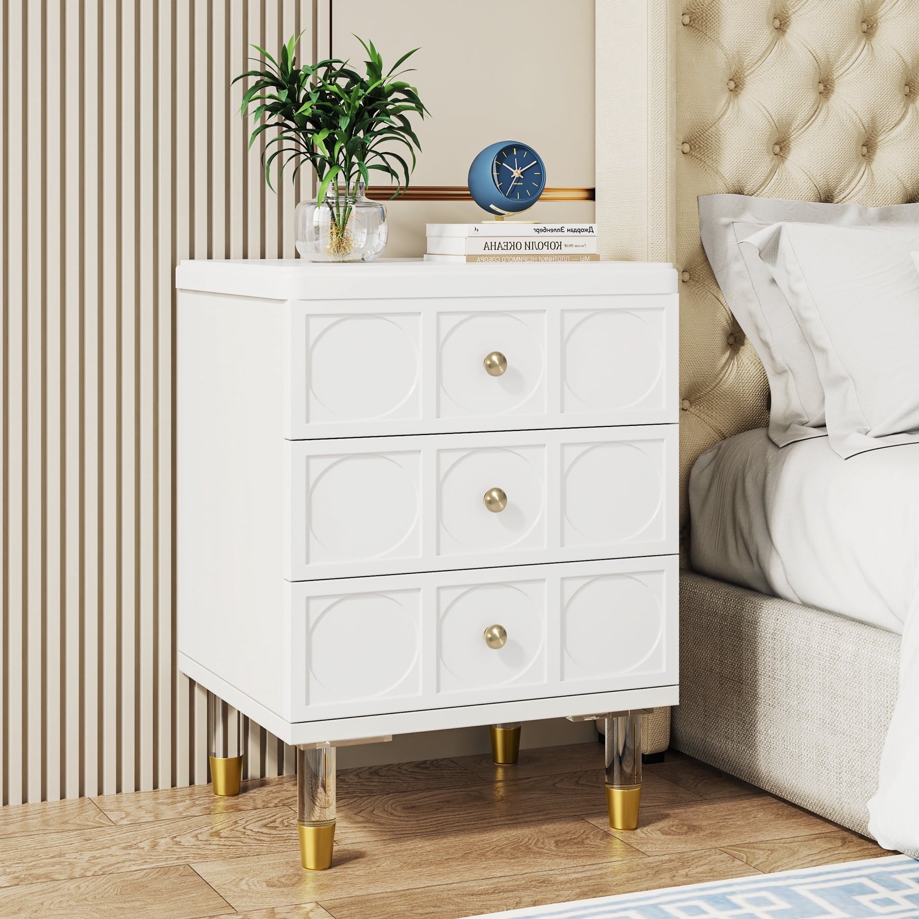 Fnova 3-Drawer End Table, Beside Table with Metal Legs, Sideboard for Bedroom/Living Room/Home Office, Easy Assembly,WM010292_W_Tables