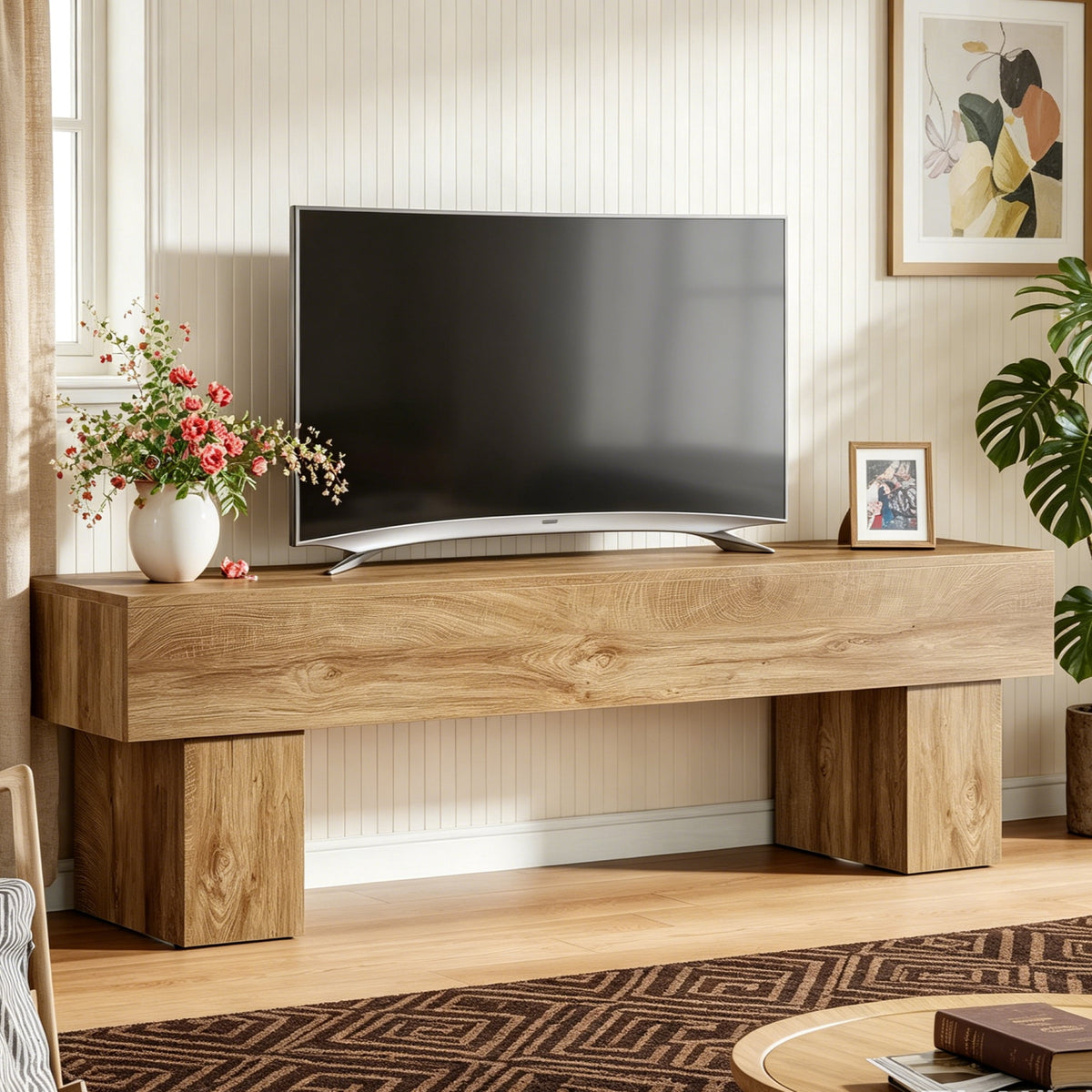 Fnova 63-Inch TV Stand, Farmhouse Wood Entryway Bench, Dining Bench, Multi-Functional Console Table for Living Room, Hallway, Bedroom,WM011333_LBN_US