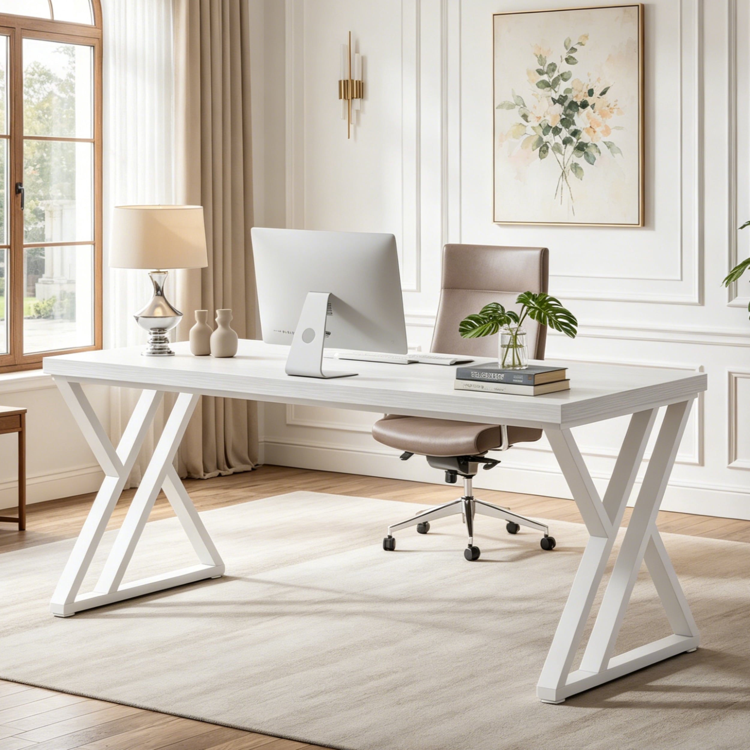 Fnova 55.12 Inch Home Office Computer Desk, Sturdy X-Shaped Metal Frame, Heavy Duty Study Workstation for Bedroom, Living Room, Study Room,White