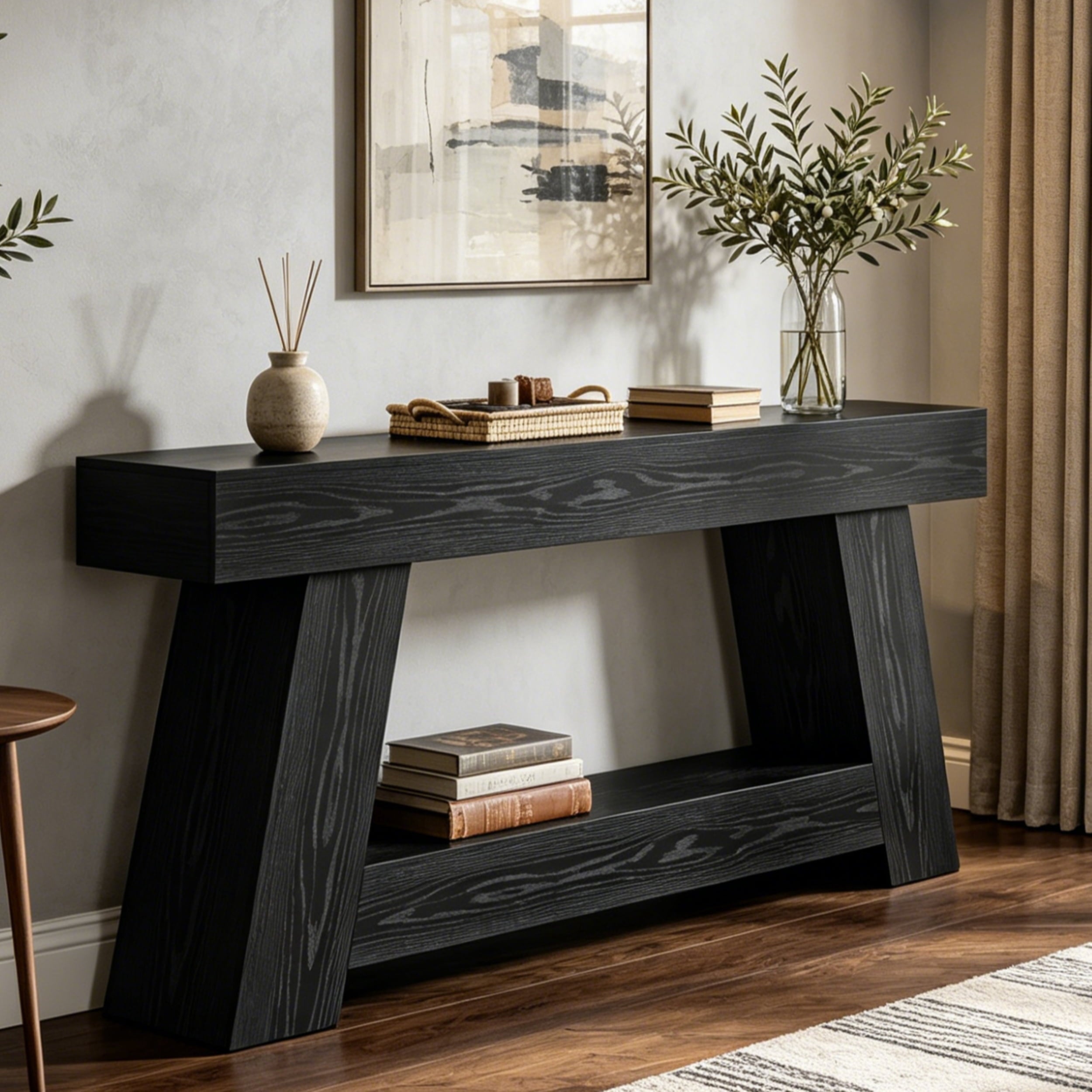 Fnova 70.9" Farmhouse Console Table, 2-Tier Extra Long Entryway Table with Storage, A-Frame Sofa Table Behind Couch for Hallway Living Room,Black