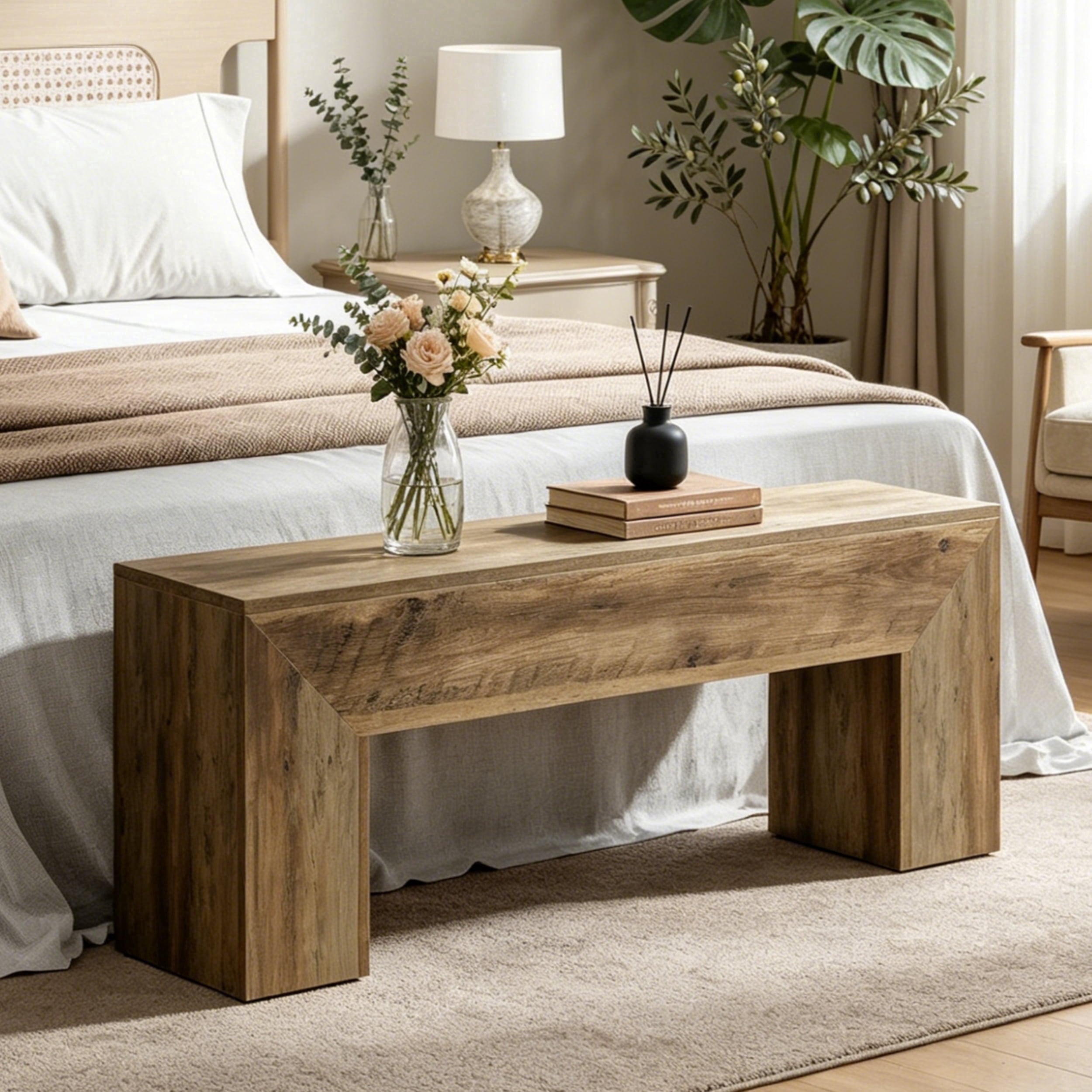 Fnova 47" Wooden Entryway Bench, Farmhouse Wooden Shoe Bench, Indoor End of Bed Stool for 1-2, Long Kitchen Table Seat Dining Seat for Entryway, Hallway, Living Room,Brown