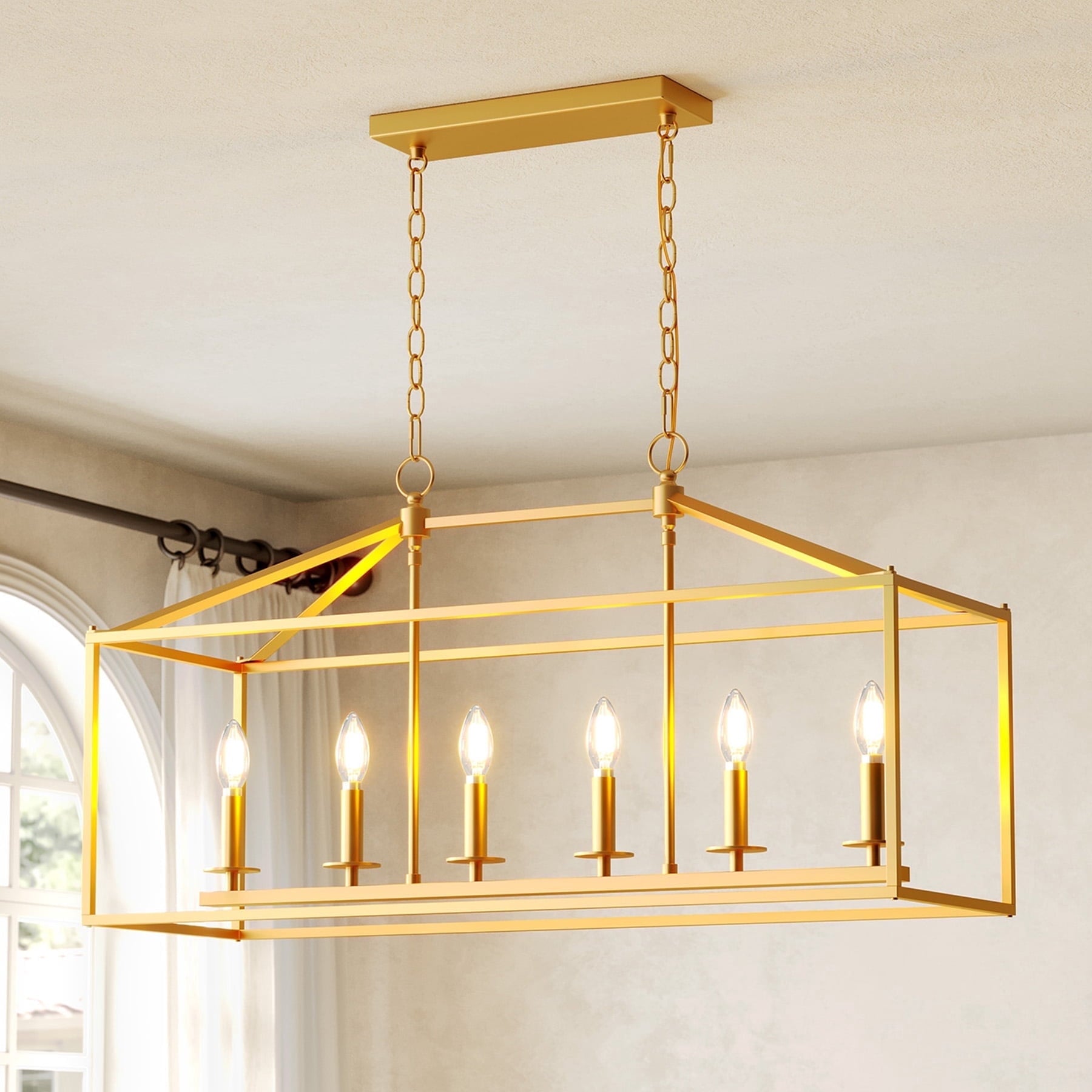 Fnova Farmhouse Dining Room Light Fixtures Over Table, 6-Light Candle Holder Kitchen Island Pendant Lighting, Industrial Linear Chandelier Pendant Lights with Adjustable Iron Chain, Gold,WM011114M-G-Light