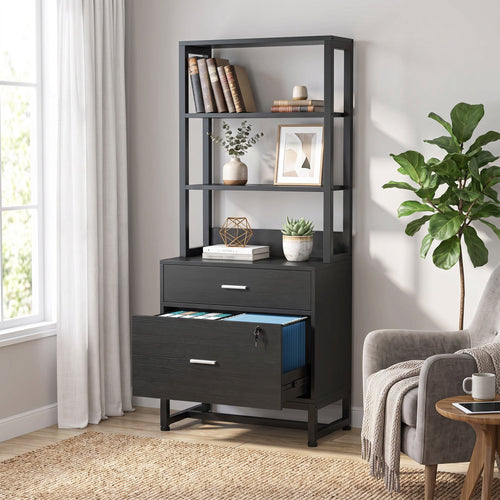 Fnova 2-Drawer Vertical File Cabinet with 3-Tier Open Shelves, 61-Inch Tall Locking Filing Cabinet Printer Stand for Home Office,WM010823_B_US