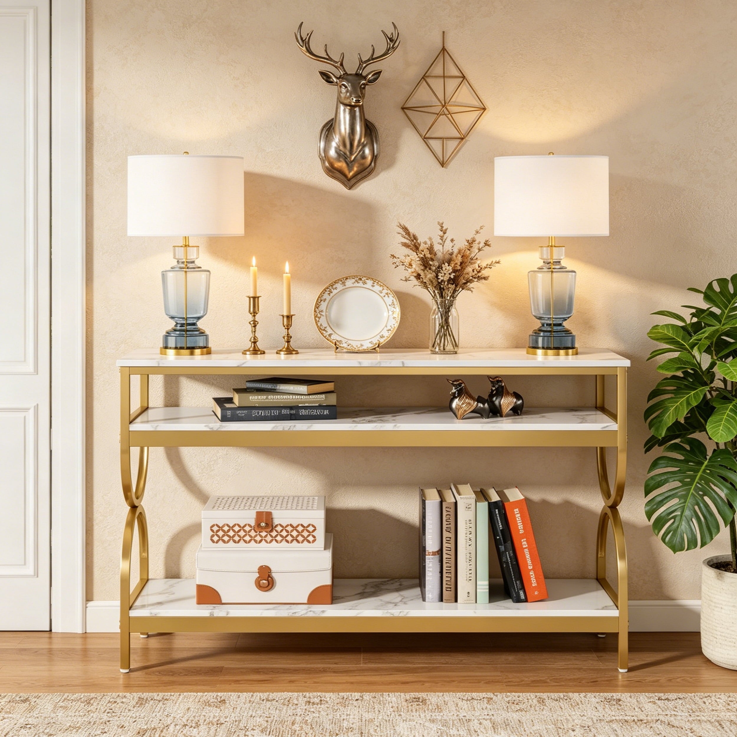 Fnova 55.11-Inch 3-Tier Console Table, Heavy Duty Marble Veneer Top Sofa Table with Curved Metal Frame, Entryway Hallway Living Room Decor Display Console Table,WM010956_WG_US