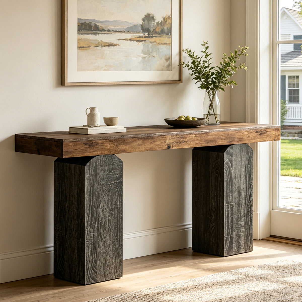 Fnova 63-Inch Farmhouse Console Table, Long Entryway Table with 2 Arched Pedestal Legs, Wooden Sofa Console Behind The Couch for Entrance, Hallway, Living Room,WM010361_BNB_US