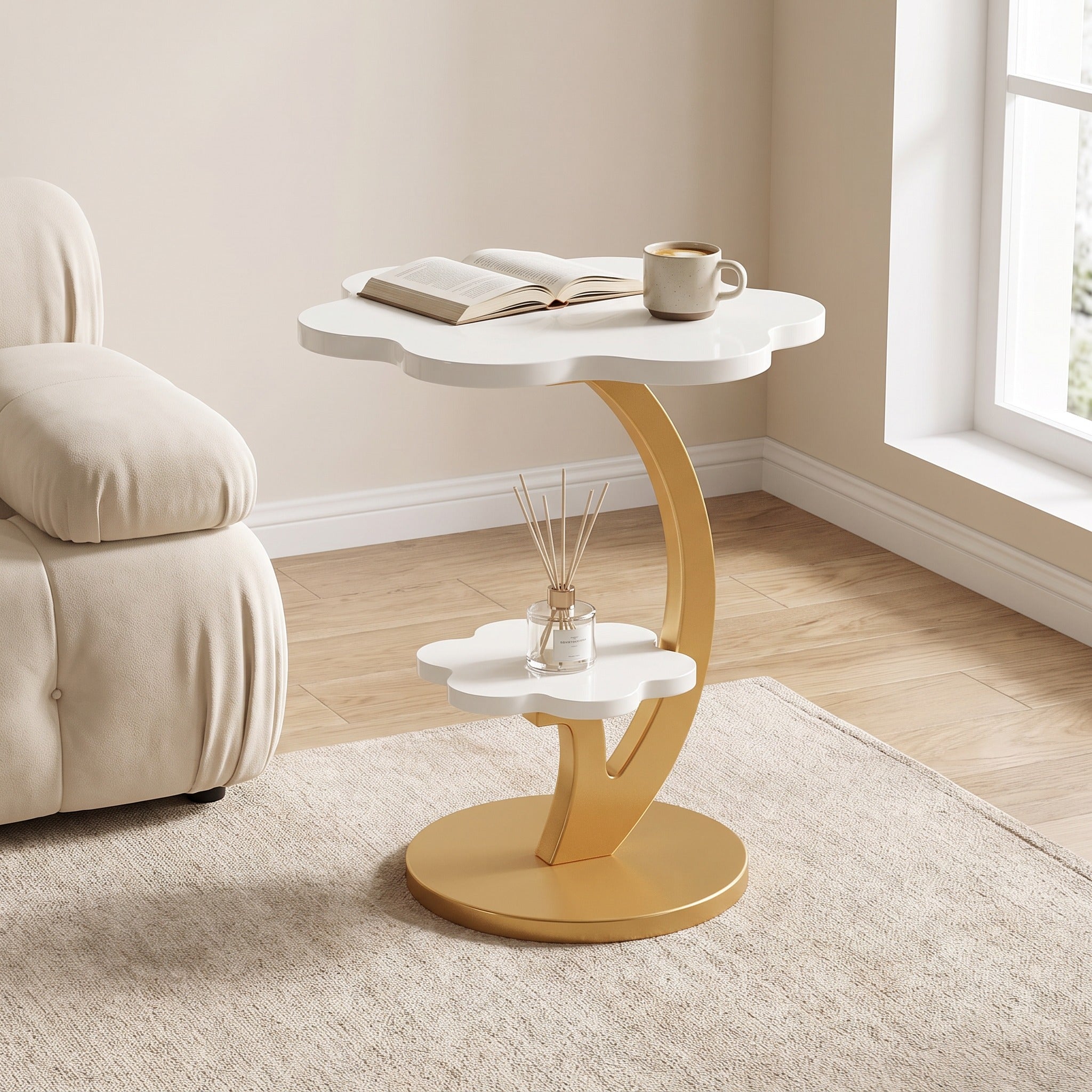 Fnova 2-Tier C-Shaped End Table, Modern Sofa Side Table with Gold Metal Frame, Flower Accent Nightstand for Living Room, Bedroom, Small Spaces, White & Gold