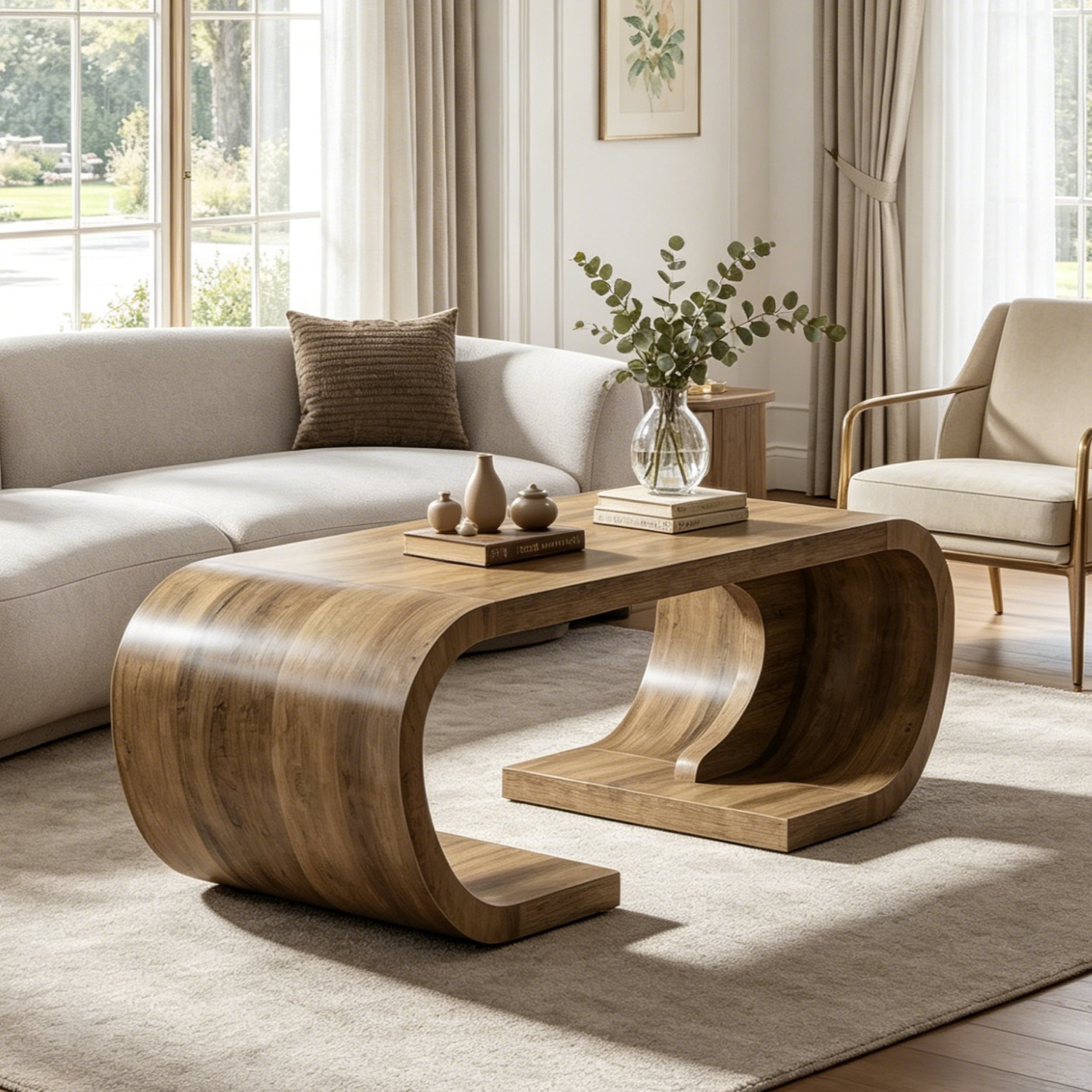 Fnova 47 Inch Farmhouse C-Shaped Coffee Table with Curved Base, Rustic Wood Living Room Center Table, Cocktail Tea Table for Home Office, Entertainment Room,0