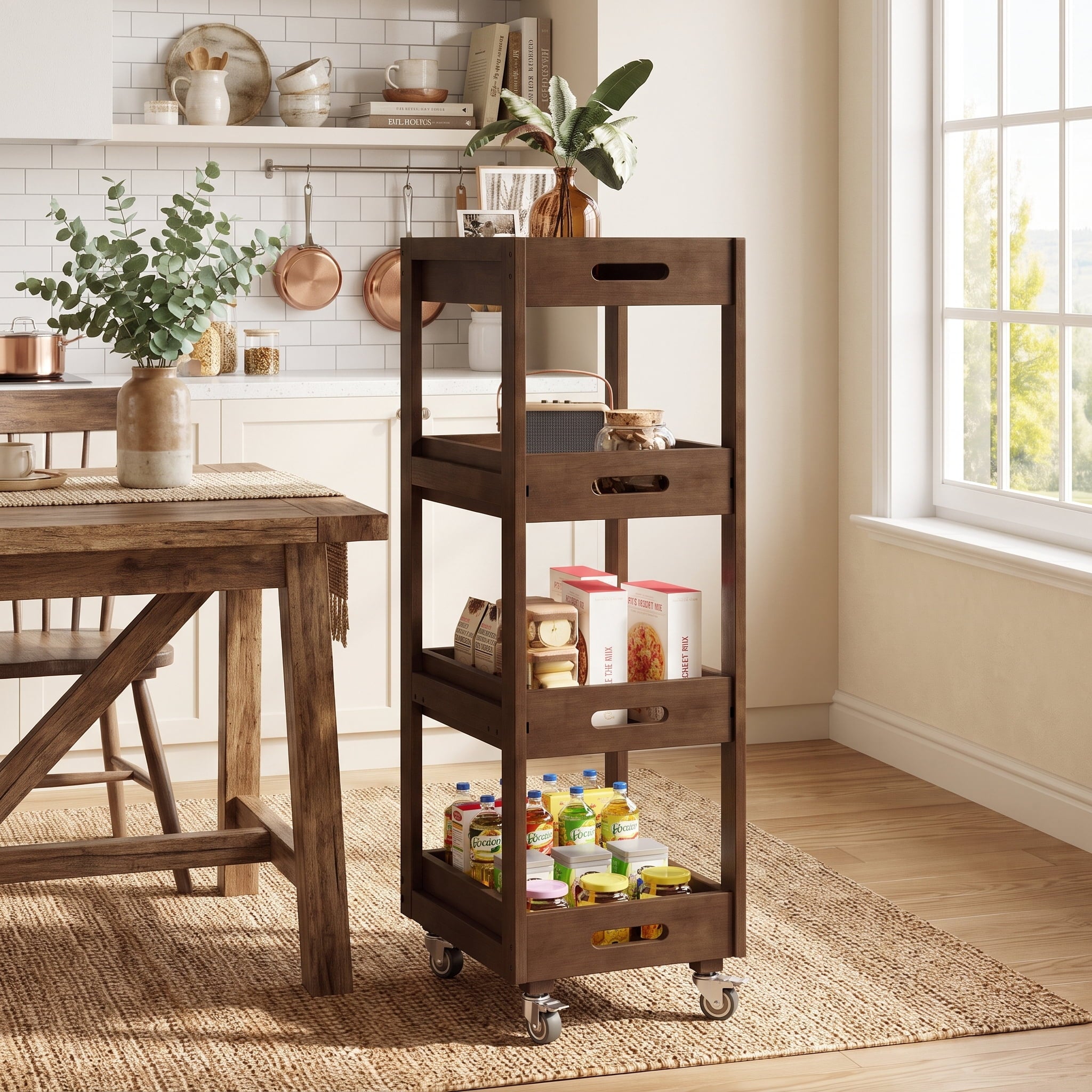 Fnova 4-Tier Solid Wood Rolling Storage Cart with Pull-Out Drawers, 40-Inch Tall Mobile Organizer with Lockable Wheels for Kitchen Laundry,WM010578_BN_US