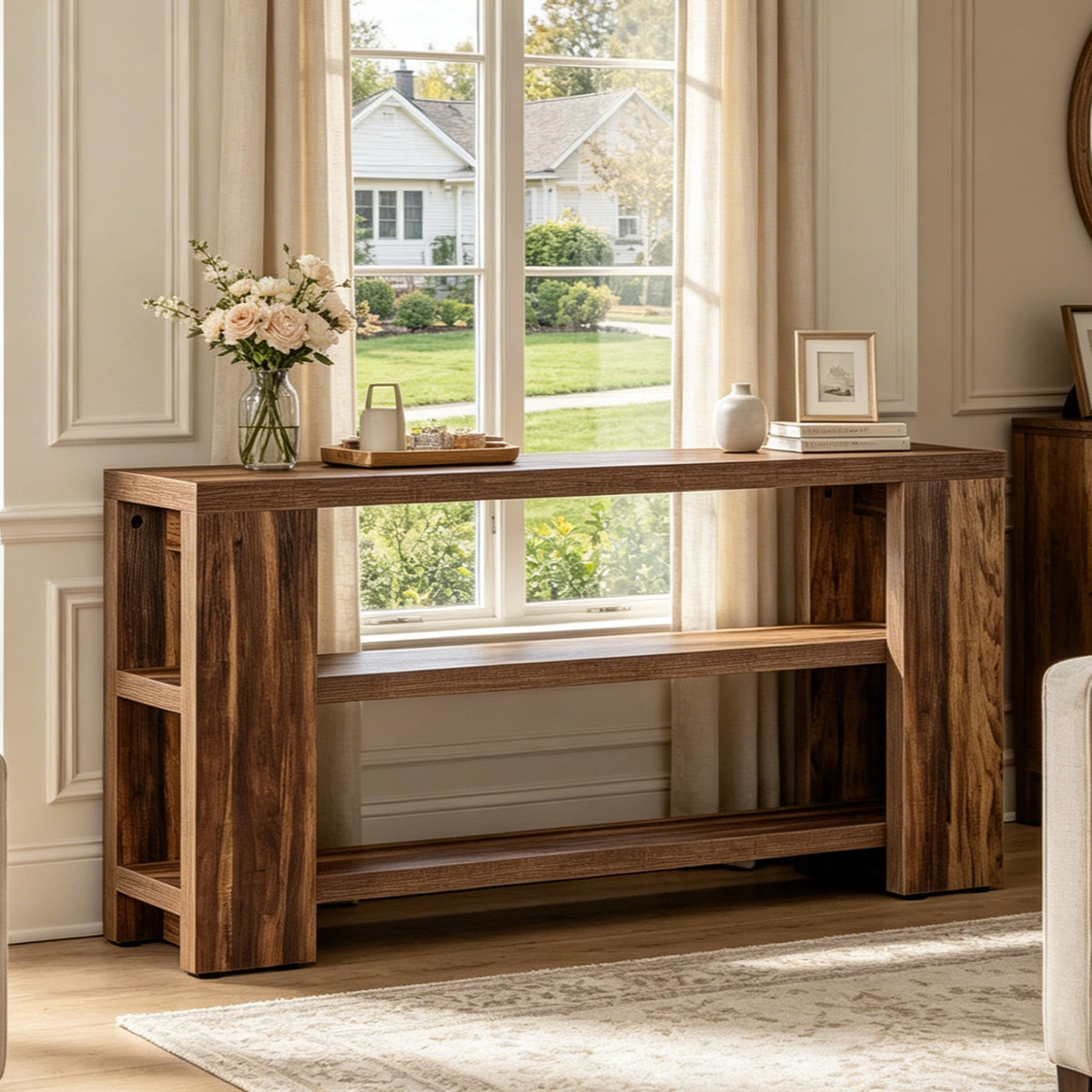 Fnova 70.9-Inch Console Table, 3-Tier Industrial Entryway Table with Open Storage Shelves, Extra Long Wooden Sofa Table for Living Room, Hallway, Foyer,WM010354_DBN_US