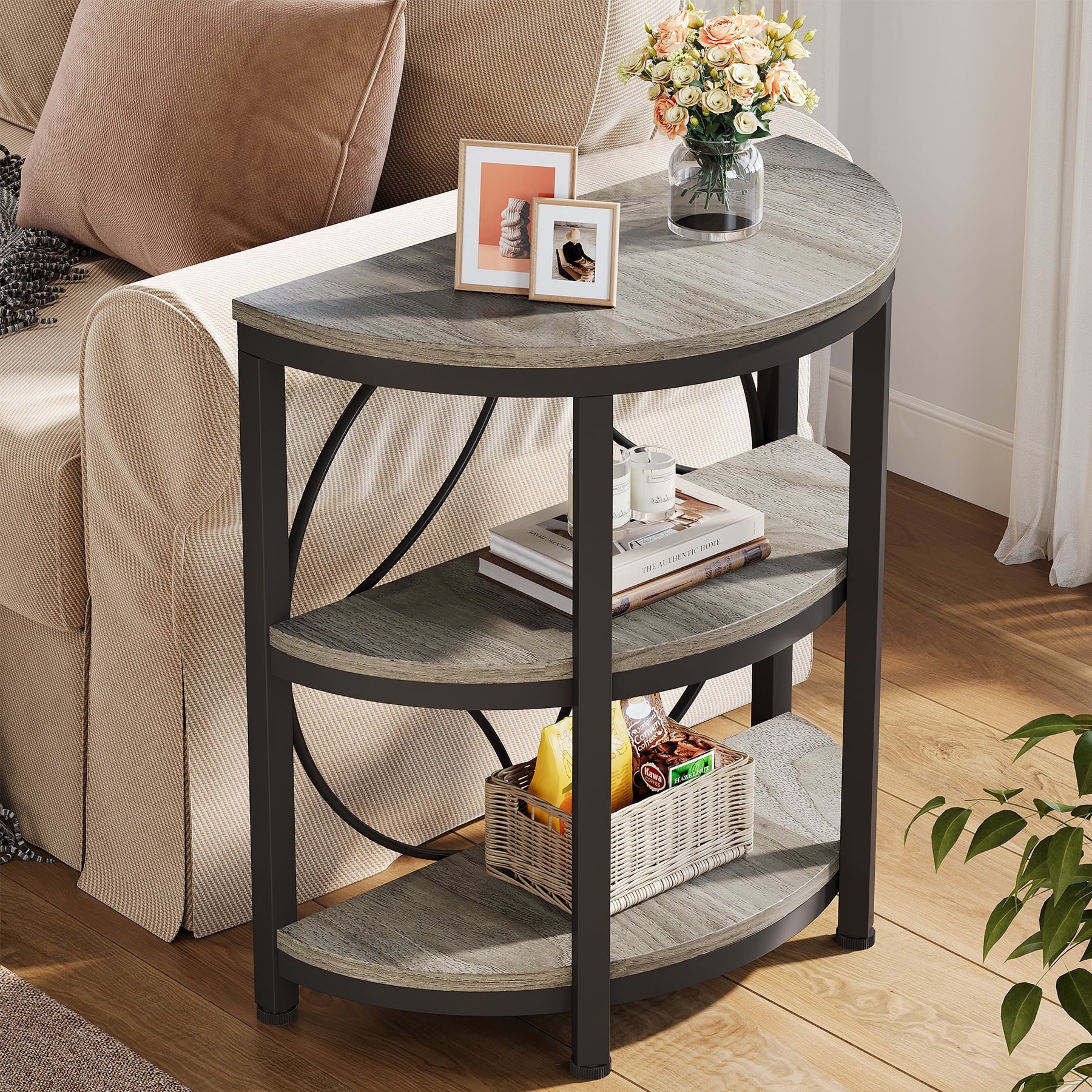 Fnova Farmhouse Half-Moon End Table, 3-Tier Storage Wood Side Table with Metal Frame, Modern Bedside Table, Narrow Sofa Table for Living Room Bedroom, Easy Assembly, Gray,WM010125_G_Tables