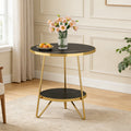 Fnova Modern 2-Tier Round Side Table with Faux Marble Print Top & Gold Metal Frame, Wooden End Table for Living Room, Bedroom, Easy Assembly,Black