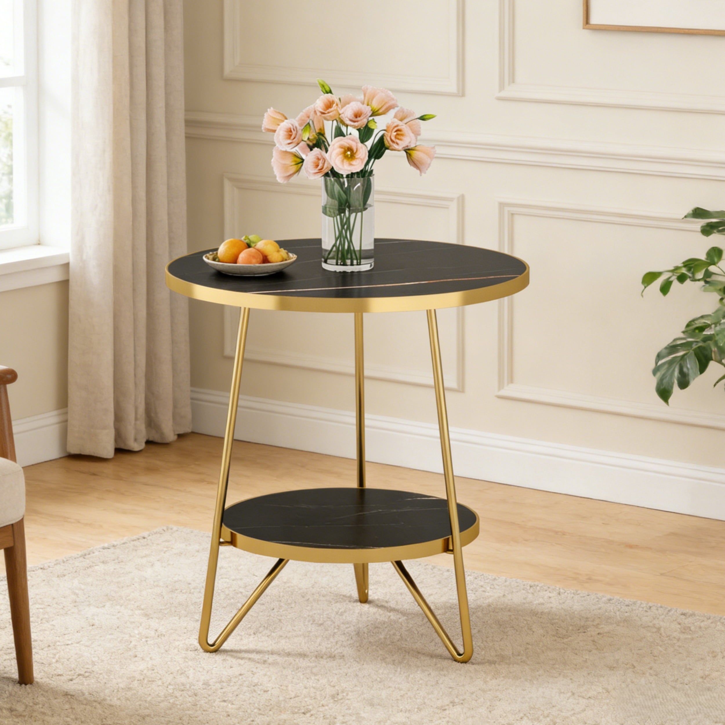 Fnova Modern 2-Tier Round Side Table with Faux Marble Print Top & Gold Metal Frame, Wooden End Table for Living Room, Bedroom, Easy Assembly,Black