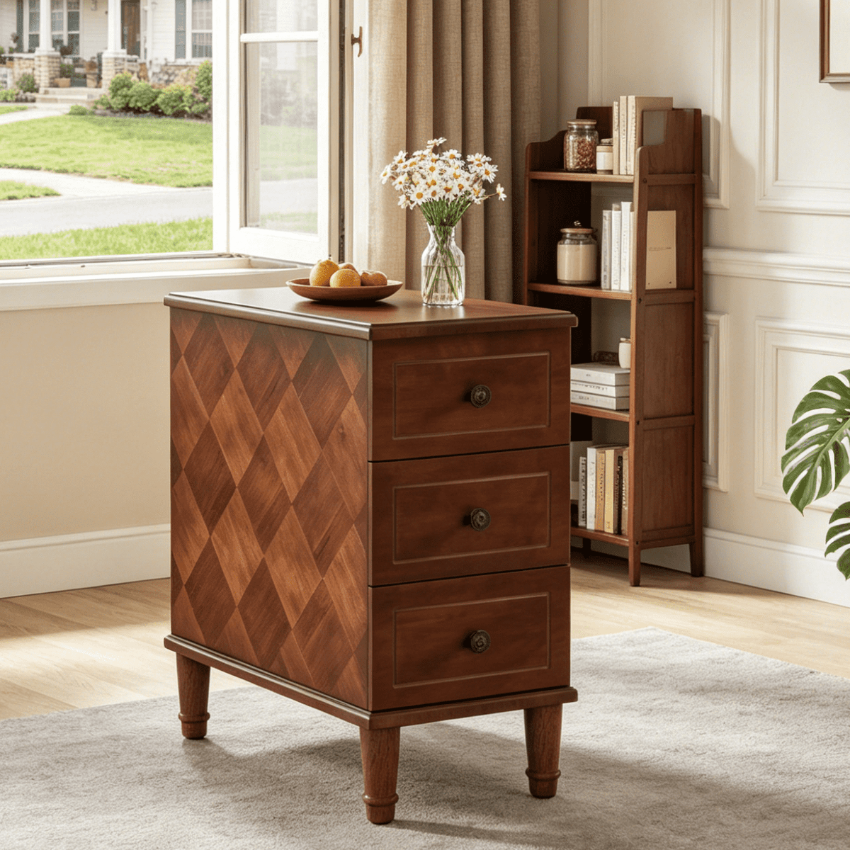 Fnova Solid Wood Side Table with 3 Drawers, Modern End Table, Farmhouse Accent Table, Beside Table Nightstand, No Assembly Required, for Living Room, Bedroom, Entryway, Small Space,WM010133_BN_US