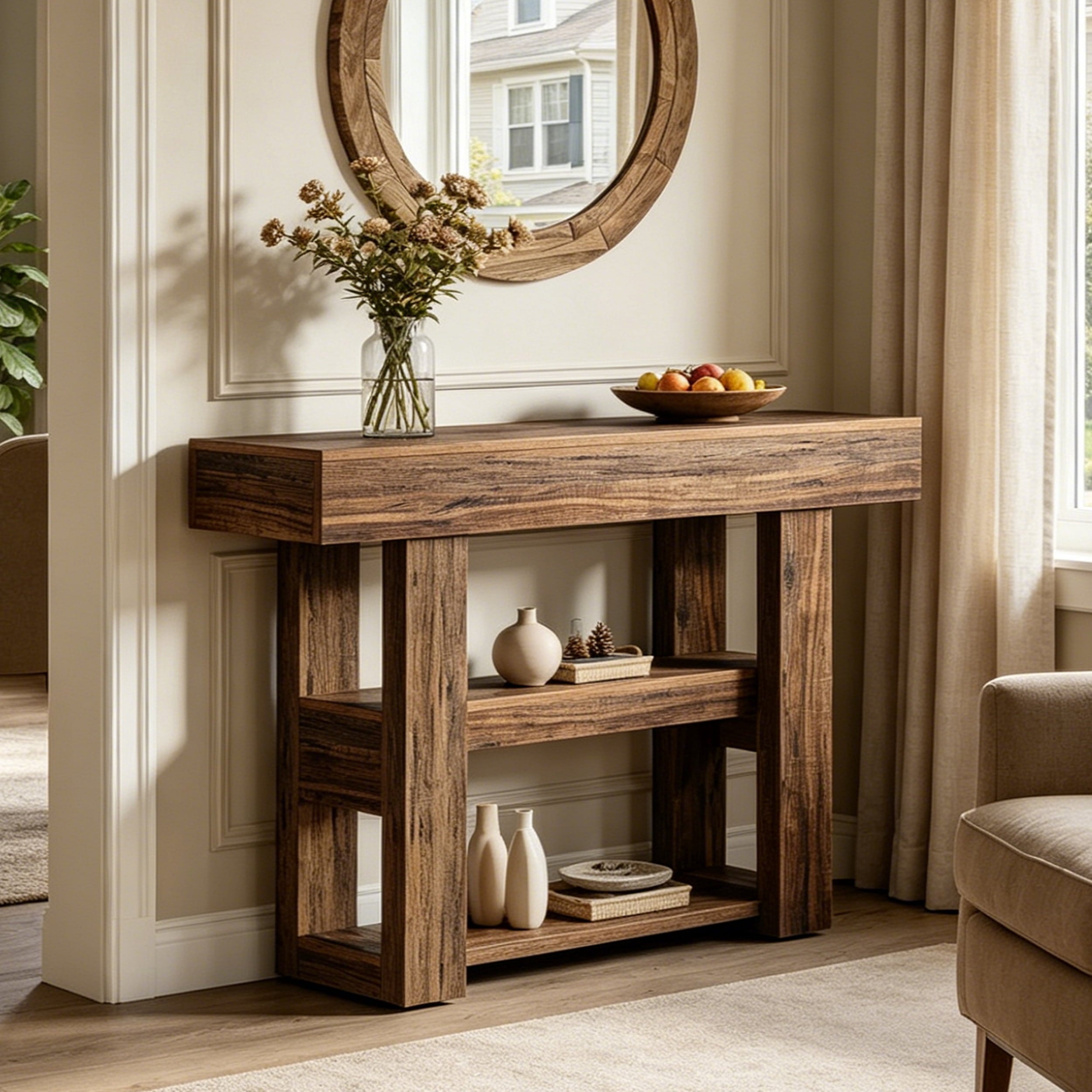 Fnova 41.34" Farmhouse Console Table, Narrow 2-Tier Wood Entryway Table with Storage Shelf, Sofa Table for Living Room, Hallway, Behind Couch, Dark Brown,Dark Brown