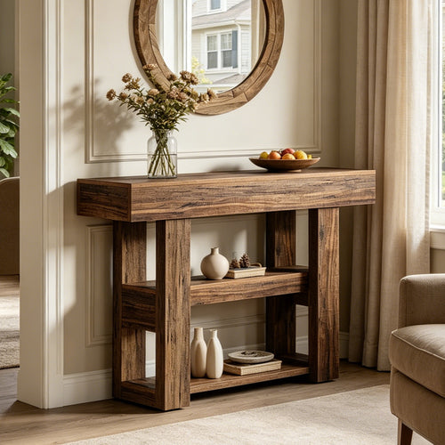 Fnova 41.34" Farmhouse Console Table, Narrow 2-Tier Wood Entryway Table with Storage Shelf, Sofa Table for Living Room, Hallway, Behind Couch, Dark Brown,Dark Brown