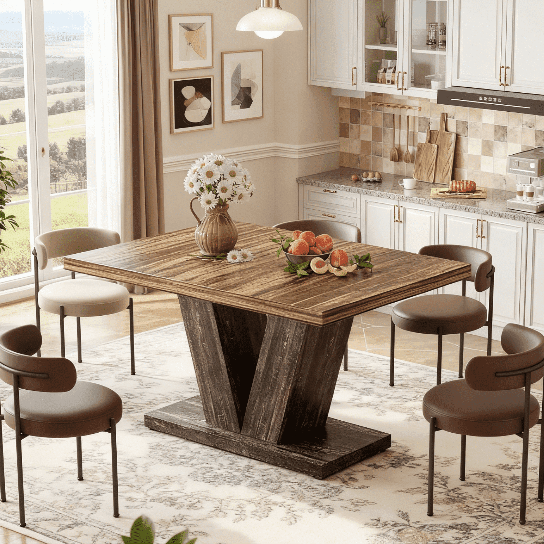 Fnova 47.24" Rectangular Farmhouse Dining Table, Wood Coffee Table for 4 People, Modern Kitchen Table for Dining Room, Brown Black (Chairs Not Included),Brown Black