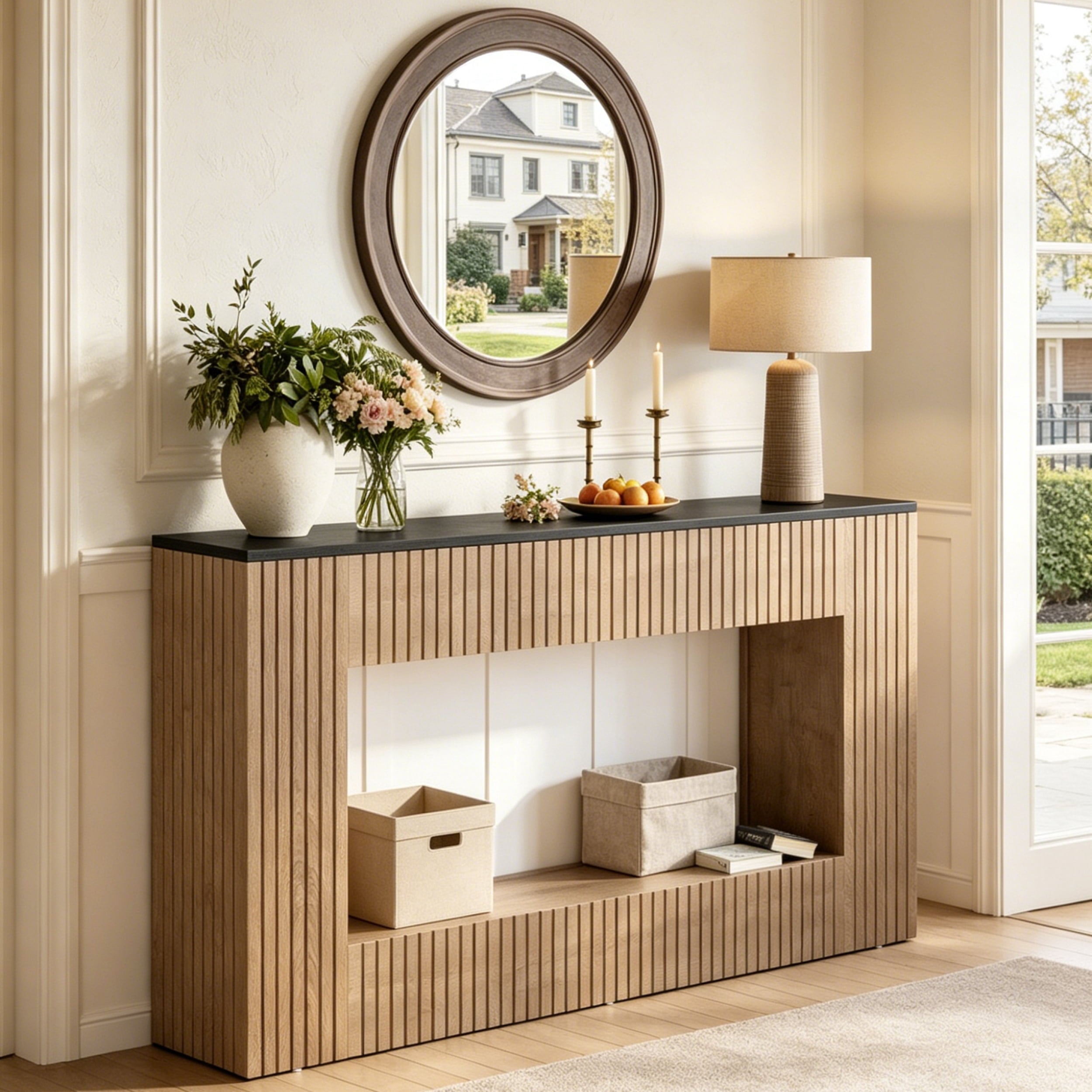 Fnova 55" Modern Console Table with 2-Tier Storage, Farmhouse Wood Entryway Table, Narrow Sofa Table for Living Room, Hallway, Behind Couch,Brown