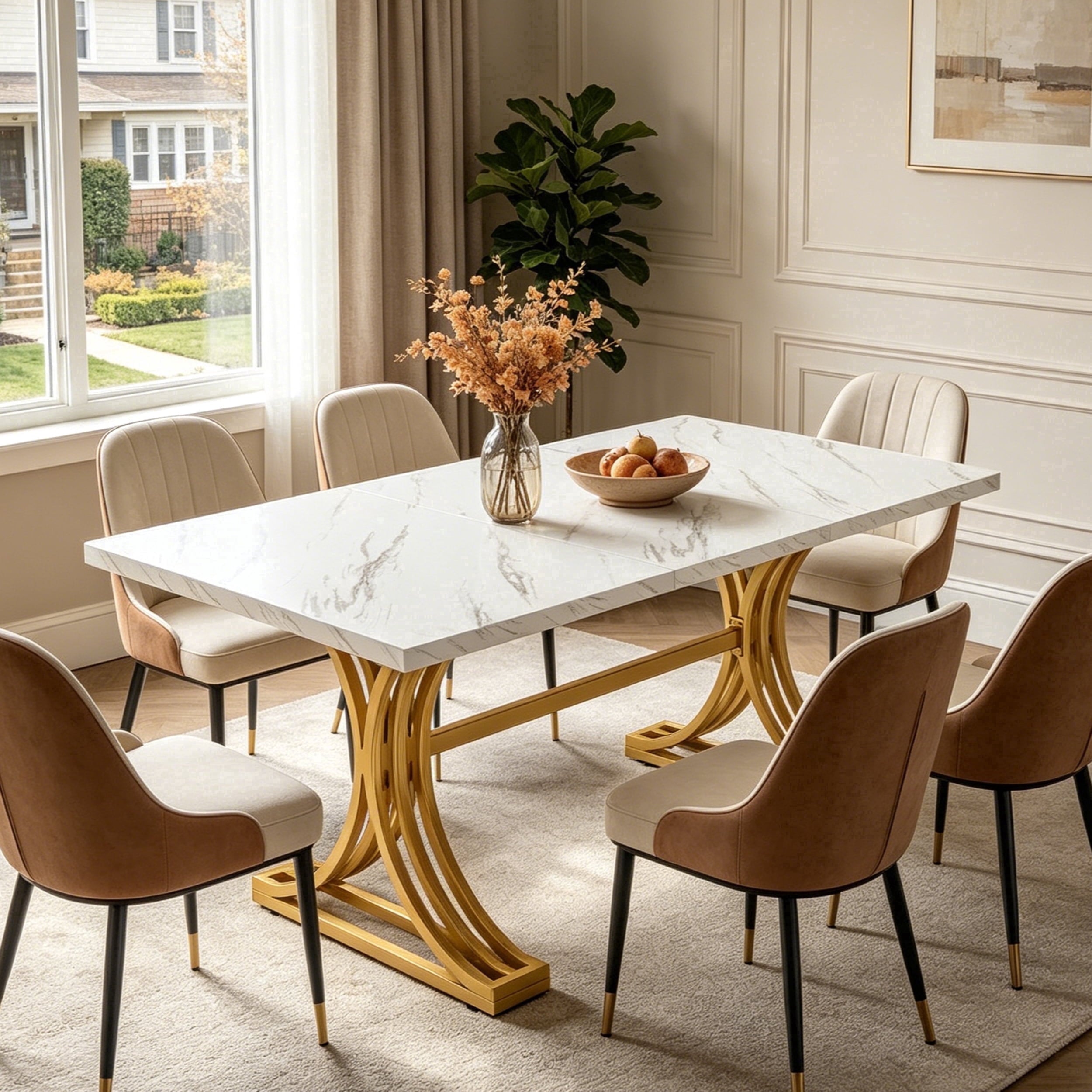 Fnova 63" Modern Dining Table, Rectangular White Faux Marble Top Kitchen Table, Stylish Metal Trestle Legs, Seats 4 to 6 for Dining Room & Kitchen, Living Room,White Gold
