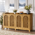 Fnova 57-Inch Farmhouse Cabinet, Sideboard with Grille-Striped Doors & Raised Countertop, Adjustable Shelves, Inner Rebound Mechanism, for Kitchen/Living Room/Study/Home Office, Easy Assembly,WM011330_LBN_Cabinet