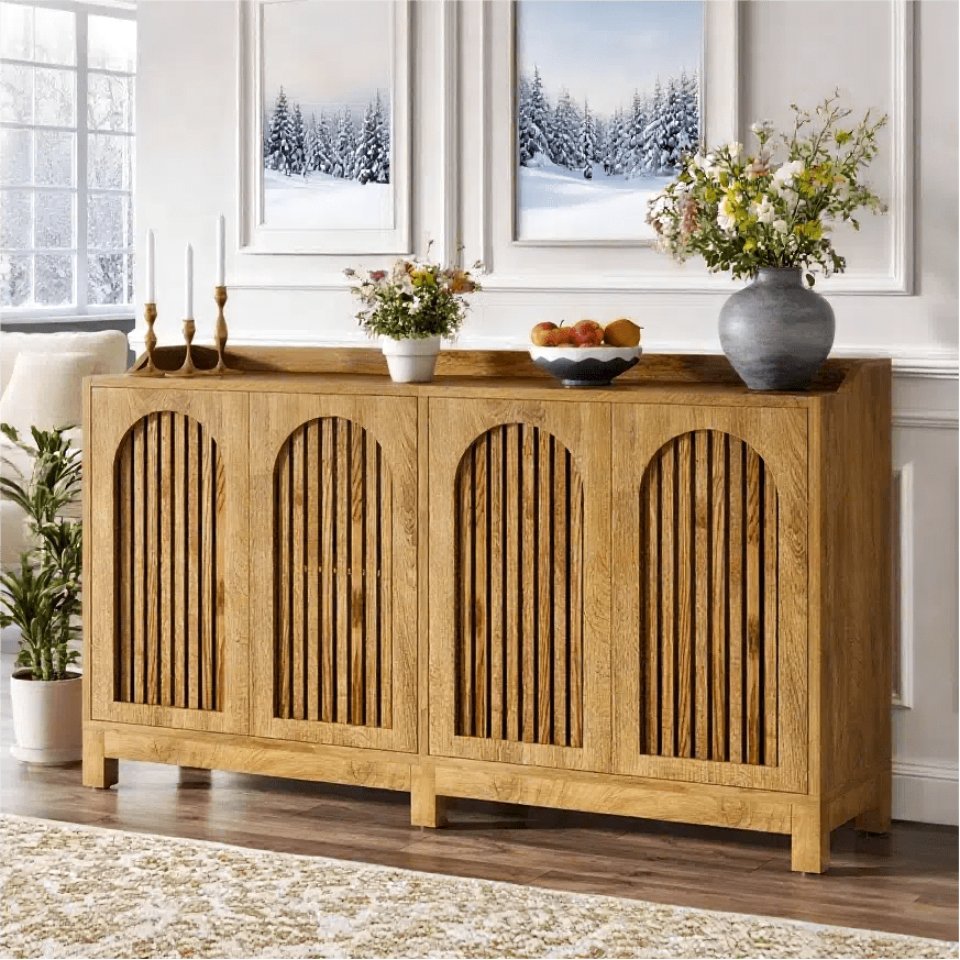 Fnova 57-Inch Farmhouse Cabinet, Sideboard with Grille-Striped Doors & Raised Countertop, Adjustable Shelves, Inner Rebound Mechanism, for Kitchen/Living Room/Study/Home Office, Easy Assembly,WM011330_LBN_Cabinet