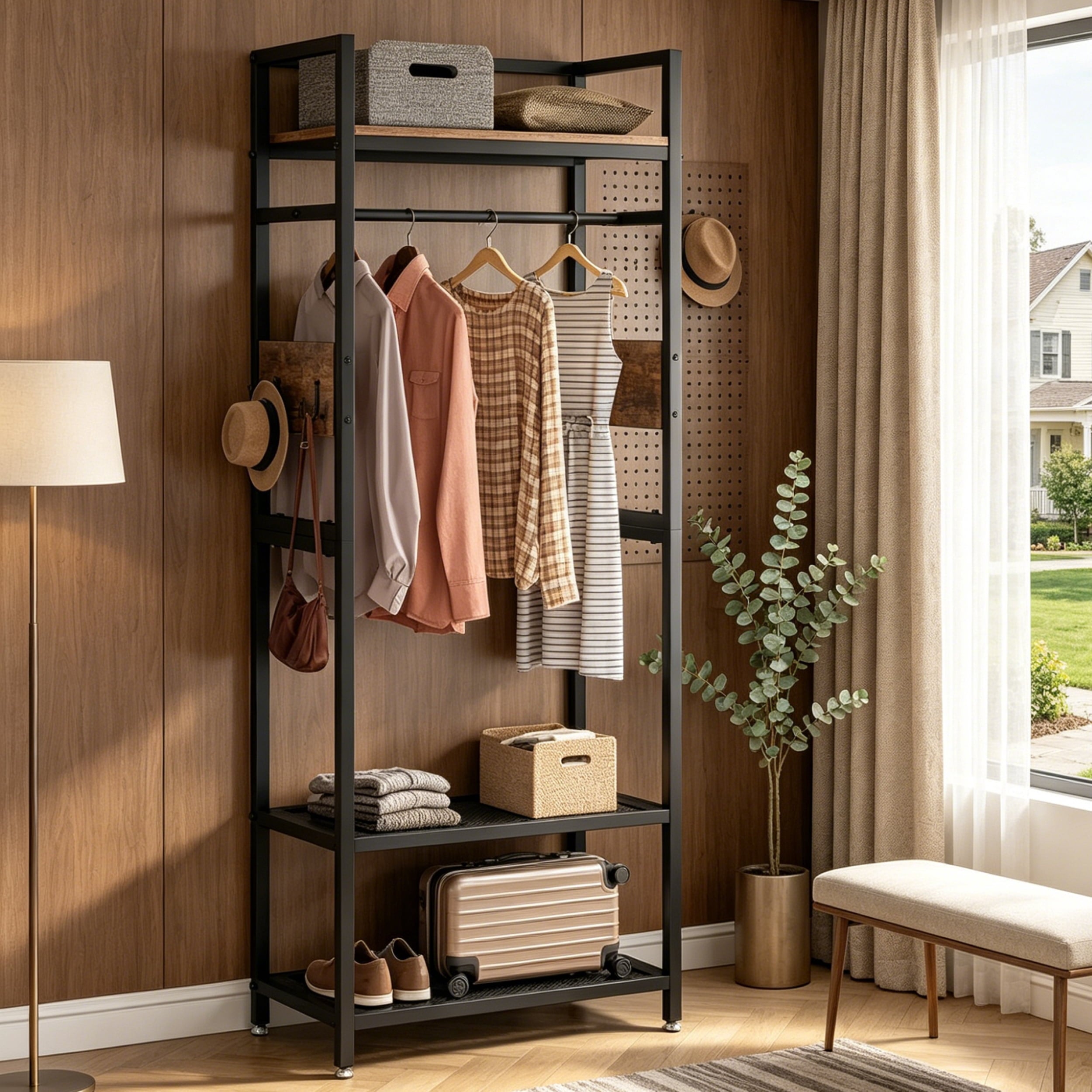 Fnova Clothes Rack with Shelf and Hanging Rod, Freestanding Closet Organizer, Industrial Hall Tree Garments Rack for Small Space, Bedroom,0