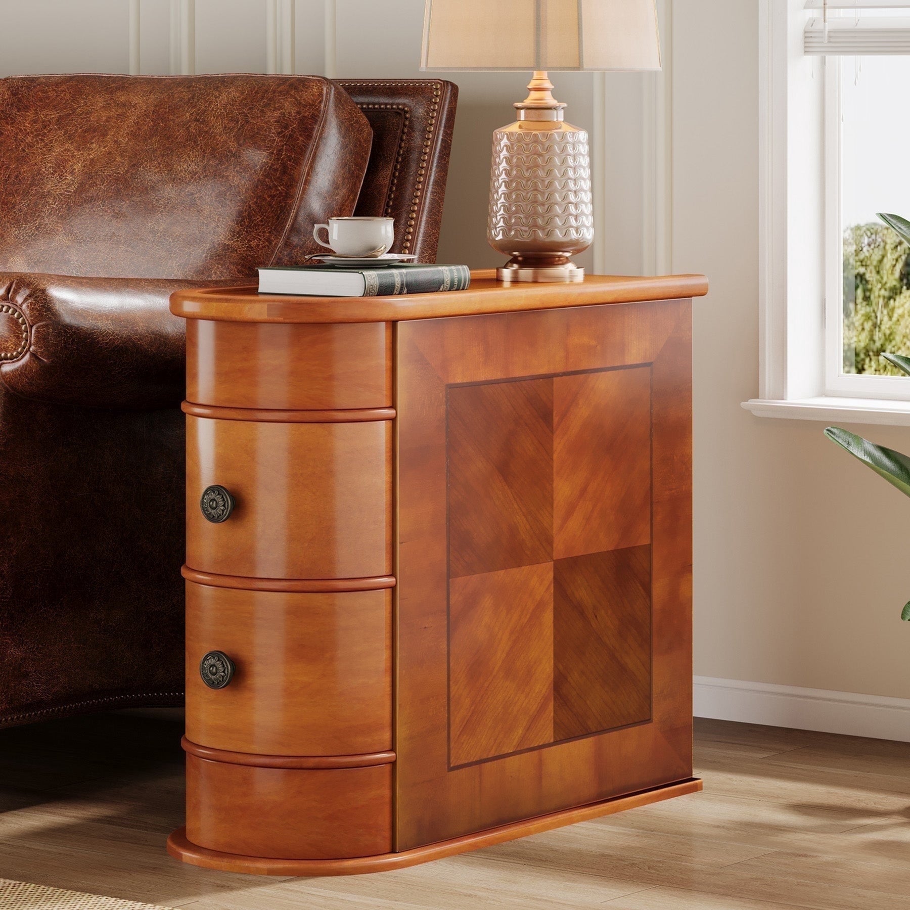 Fnova Solid Wood End Table with 2 Drawers, No Assembly Required, Side Tables for Living Room, Bedroom, Walnut,Walnut