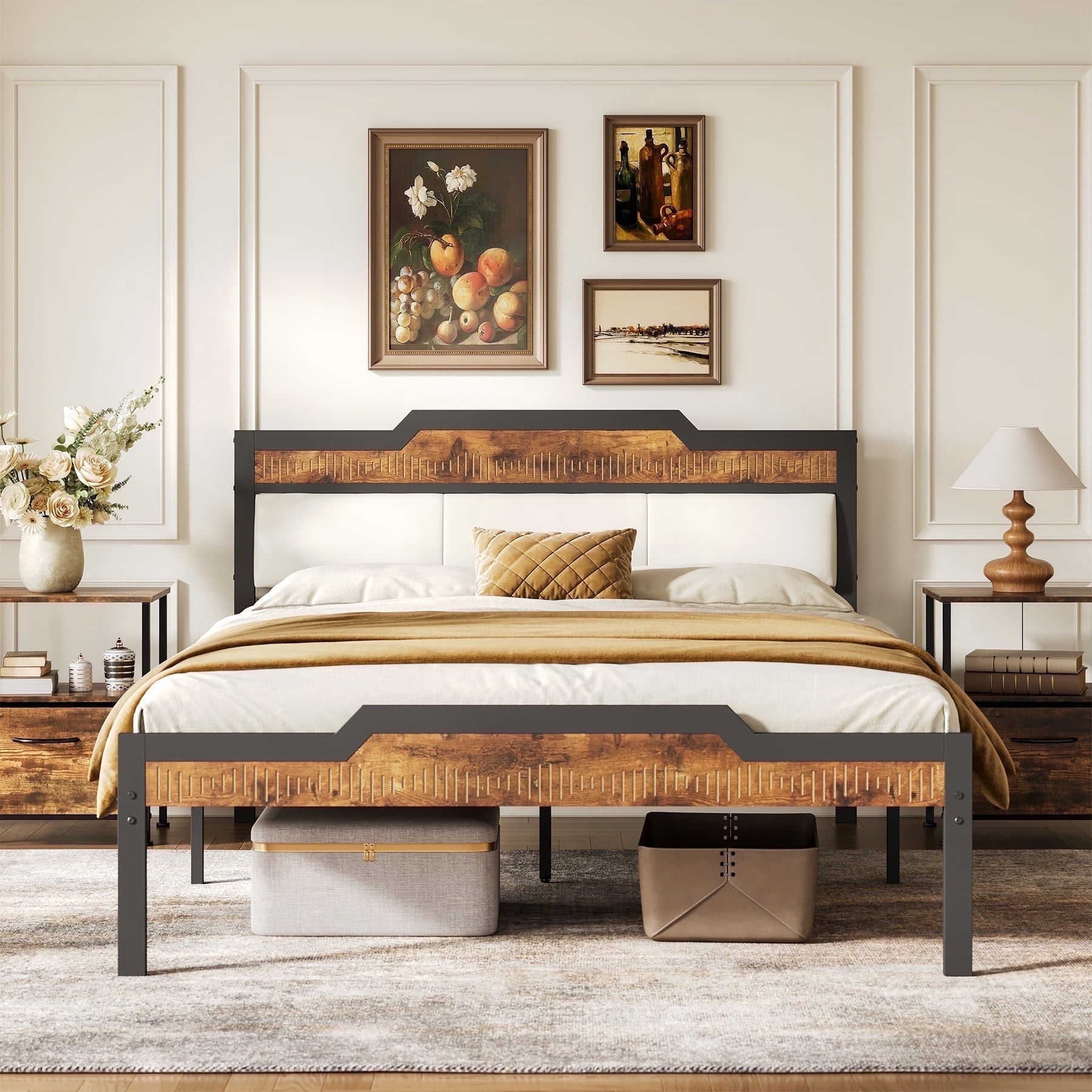 Fnova Queen Bed Frame with Upholstered Headboard, Noise Free Metal Platform Bed Frame, No Box Spring Needed, Rustic Brown,WM011002_BN_US2