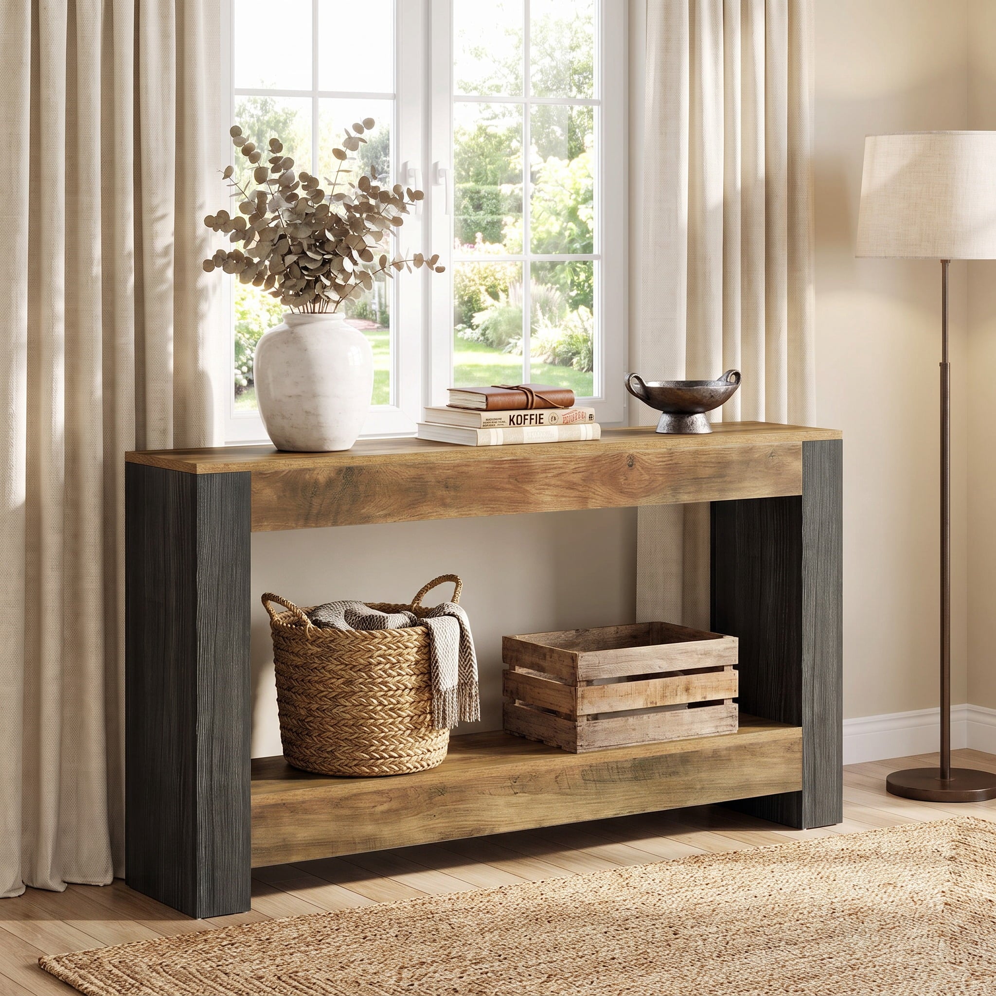 Fnova 62.99-Inch 2-Tier Open Storage Console Table, Two-Tone Sofa Table for Entryway Hallway Living Room Foyer Decor,WM010969_BNB_US