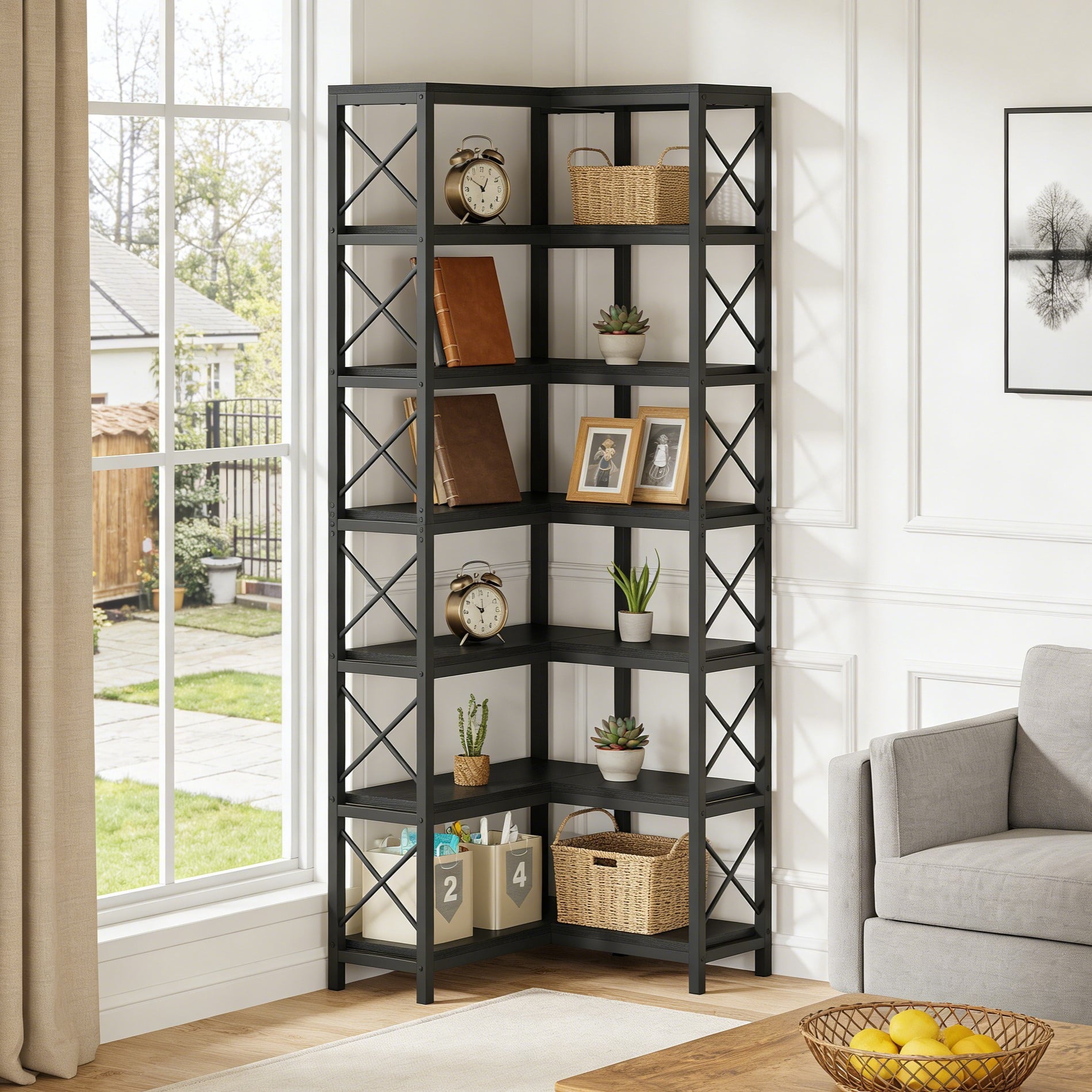 Fnova 78.7" Tall 7-Tier Corner Bookshelf, Industrial Large Corner Bookcase Storage Display Rack with Metal Frame for Living Room Home Office,Black
