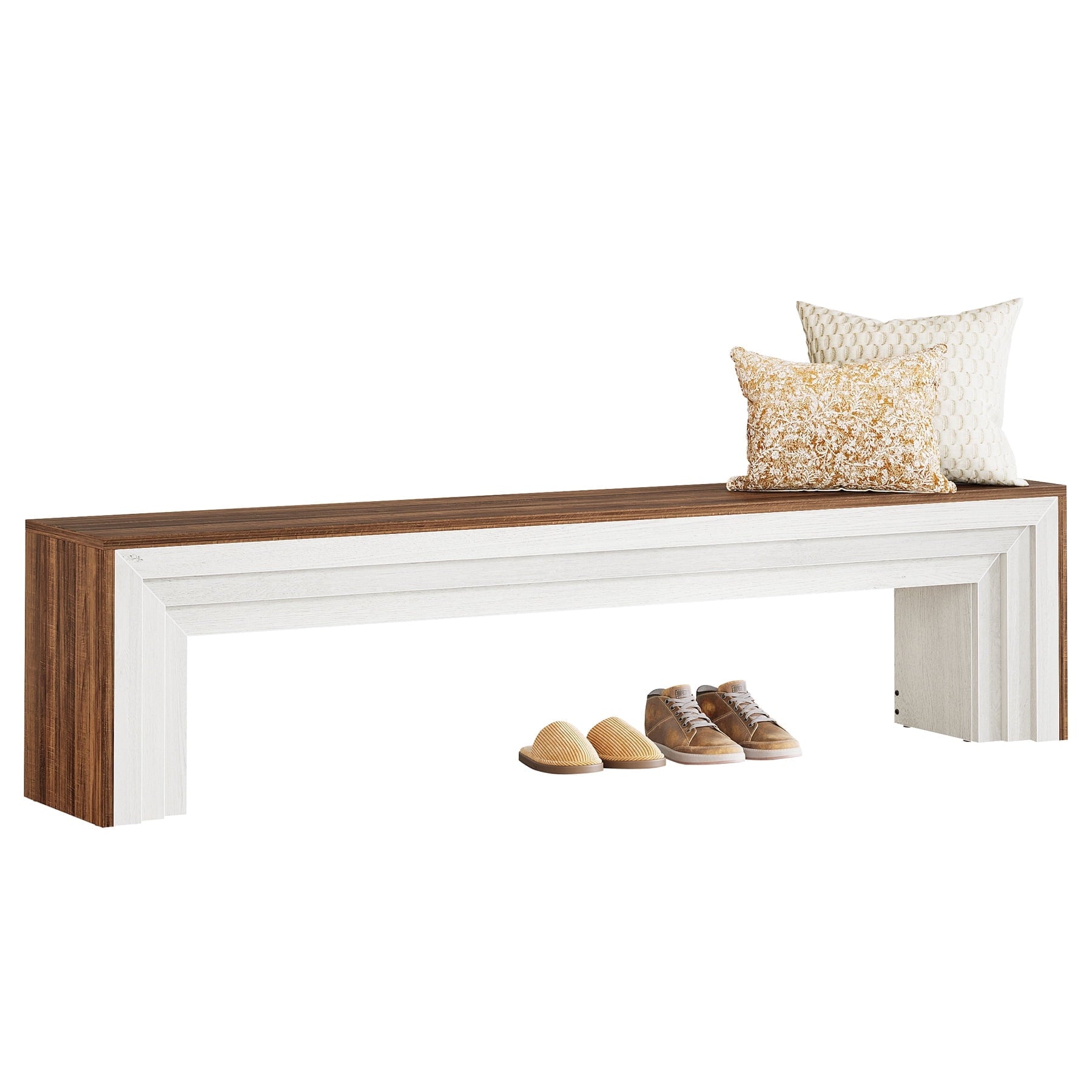 Fnova 70.9 Inch Extra Long Entryway Bench, MDF with Metal Support Modern Farmhouse Bench for Hallway Living Room Bedroom Dining Room TV Stand,Brown and White