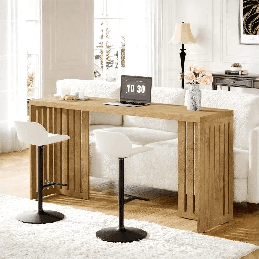 Fnova 63" Pub Table, Rectangular Wood Kitchen Dining Counter Workspace High Top with Louvered Base, for Kitchen, Dining Room & Commercial Use,Light Brown