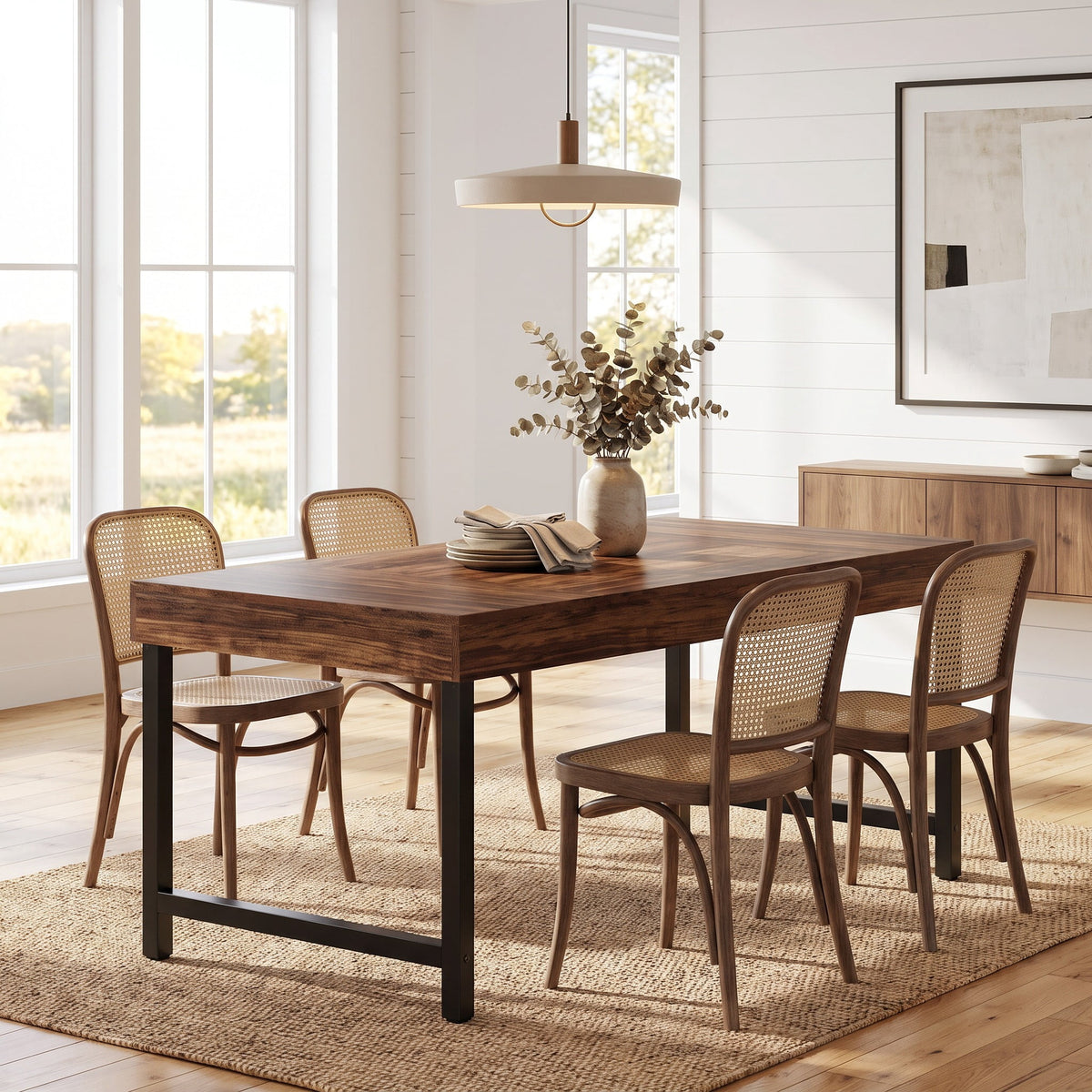 Fnova 55.12-Inch Dining Table, 3.94-Inch Thick Board Metal Frame Modern Dining Table for Kitchen, Living Room, Home, Family Gatherings & Daily Use,WM010806_DBNB_US