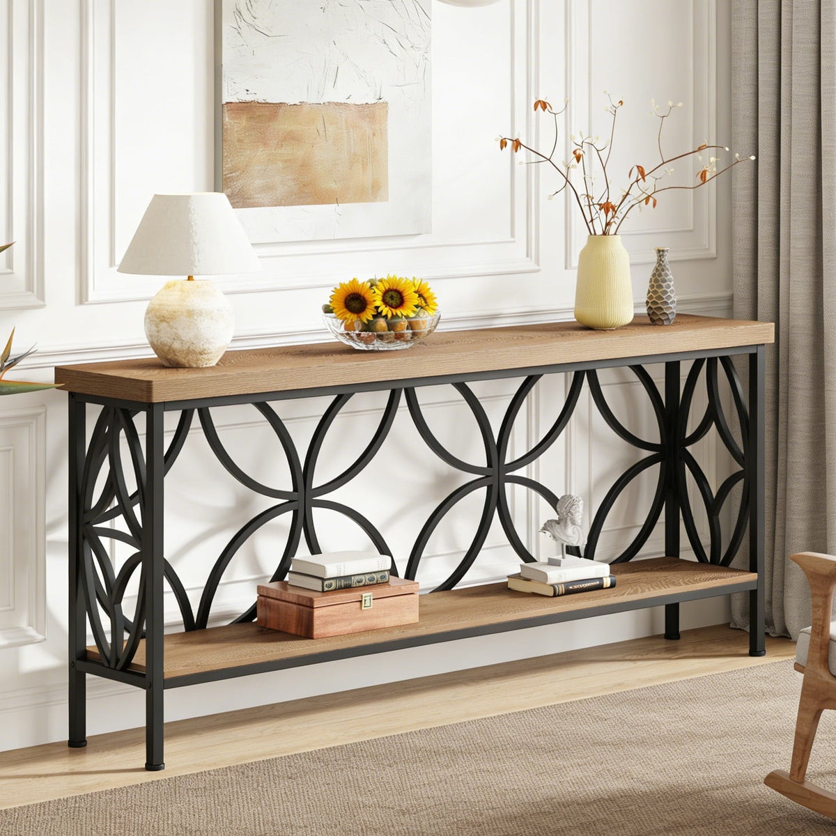 Fnova 70.9-Inch Industrial Console Table, 2-Tier Wood Storage Narrow Sofa Table, Behind Couch with Metal Frame, for Living Room, Entryway, Foyer, Easy Assembly,WM010320_LBN_Console