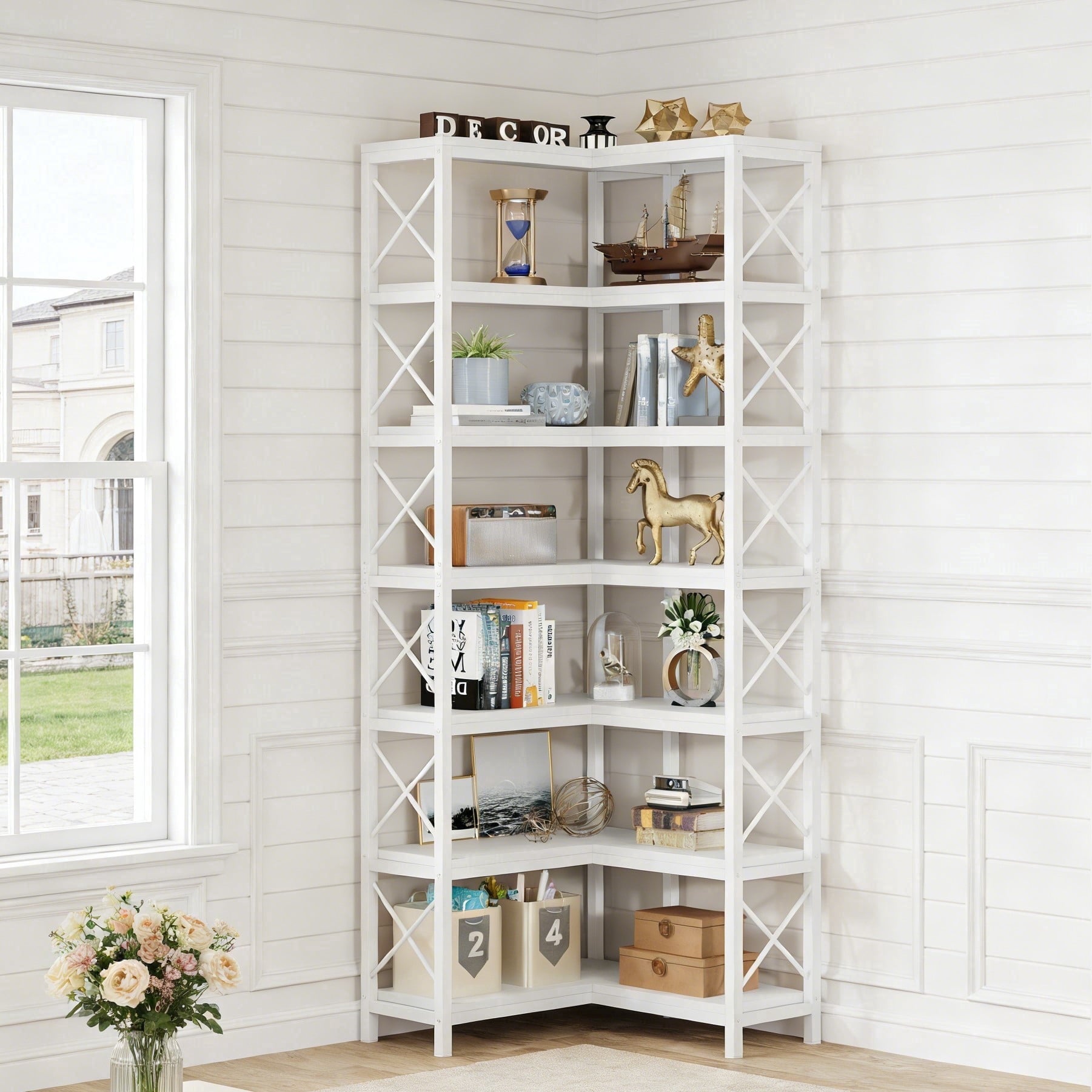Fnova 78.7" Tall 7-Tier Corner Bookshelf, Industrial Large Corner Bookcase Storage Display Rack with Metal Frame for Living Room Home Office,White