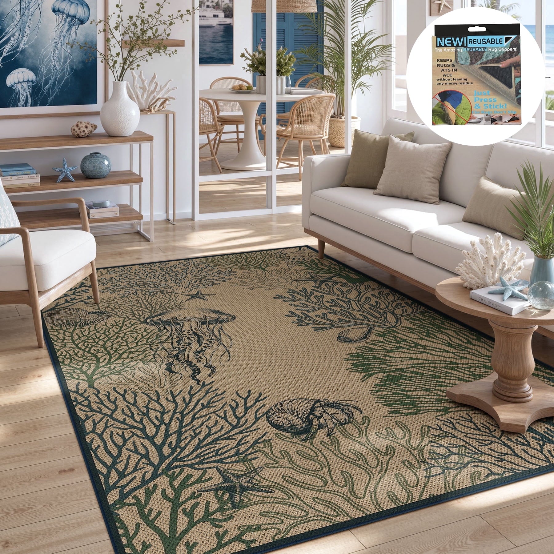 Fnova Coastal Underwater Pattern Area Rug, 5'x7' Machine Washable Non Slip Indoor Outdoor Rug for Living Room Bedroom Kitchen Patio, Kid and Pet Friendly Low Pile Carpet,Coastal Underwater,5'x7'