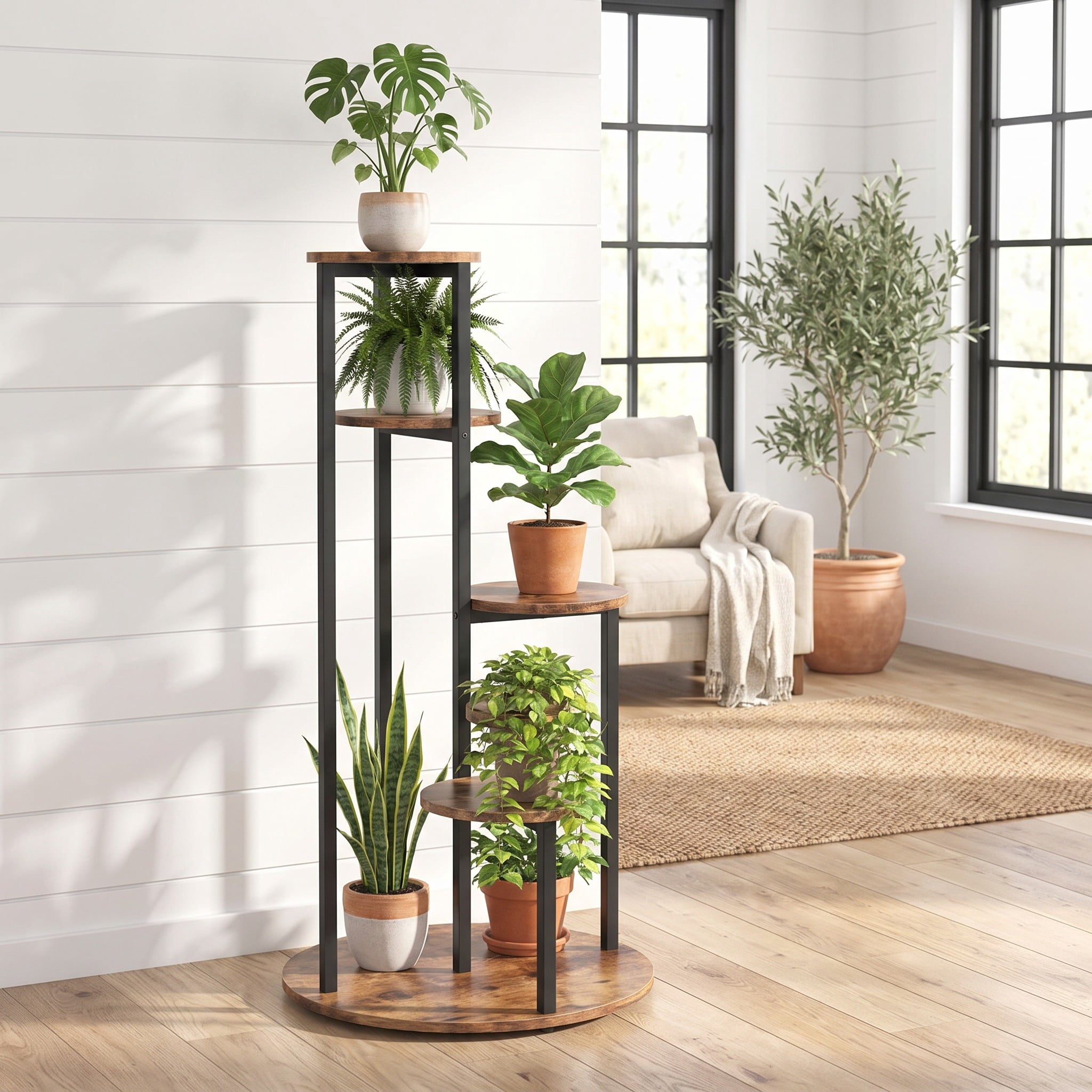 Fnova 4-Tier Tall Plant Stand, Corner Flower Pot Rack with Metal Frame, Waterproof Particleboard Shelf for Indoor Living Room Balcony Garden,WM010571_BNB_US