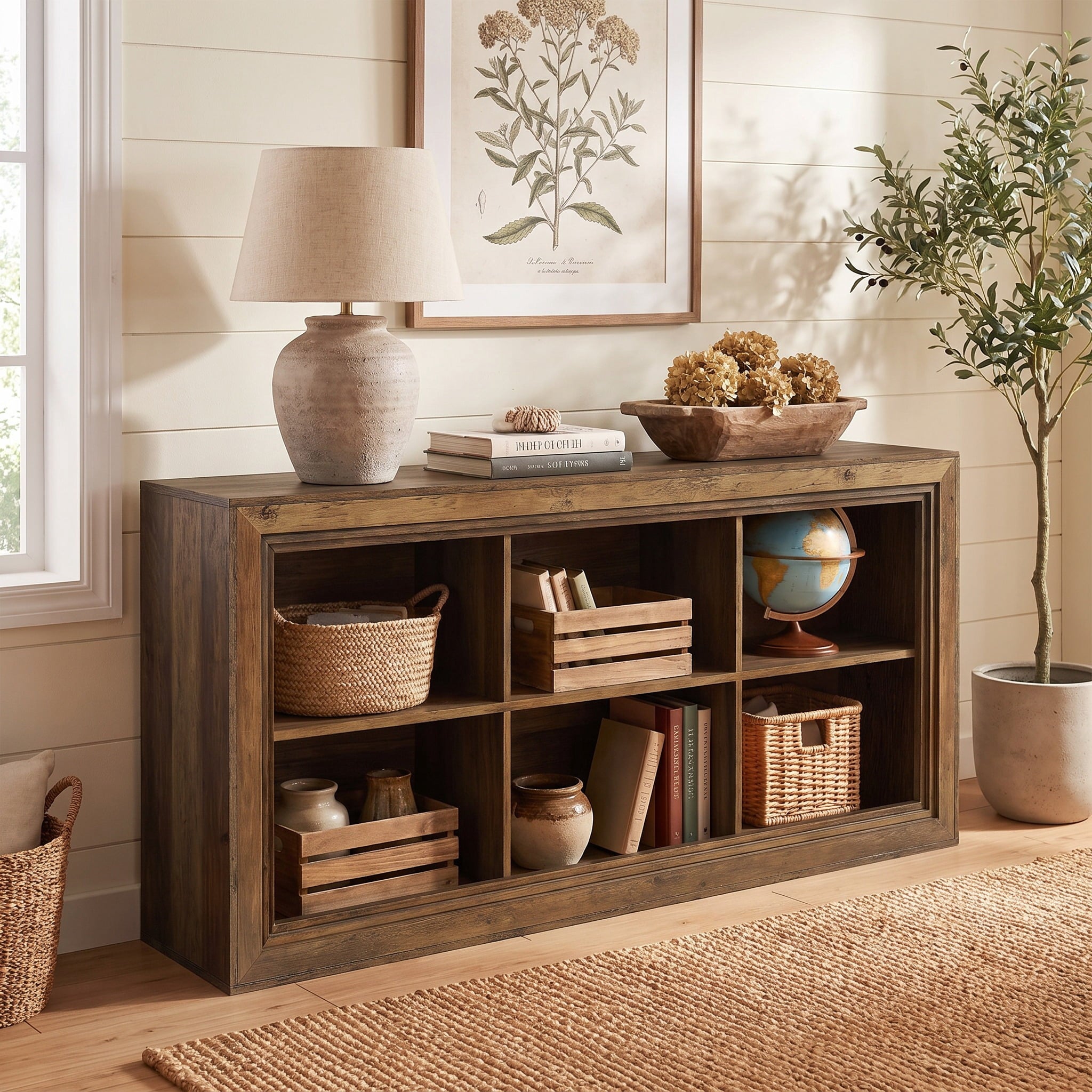Fnova 63-Inch Farmhouse TV Stand with 6 Open Storage Cubes, Entertainment Center with Freestanding One-Piece Design, Media Console Table, Living Room Entryway Storage Furniture,WM010623_BN_US