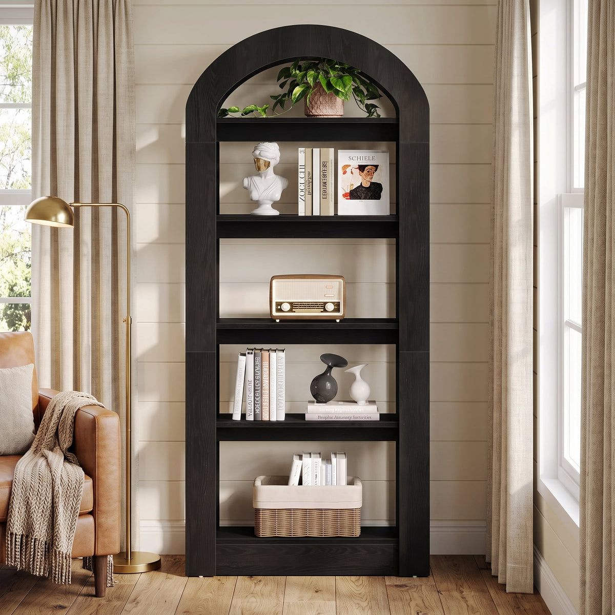 Fnova 5-Tier Arch-Shaped Storage Shelf Unit, Modern Open Display with Anti-Tip Kit for Living Room Bedroom Home Office,WM010565_B_US