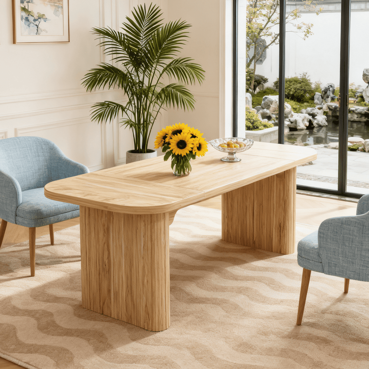 Fnova 62-Inch Dining Table For 4-6, Rectangular Wood Dinner Table With Double Pedestal, Farmhouse Kitchen Table For Dining Room, Living Room, Easy Assembly,WM010297_LBN_Tables