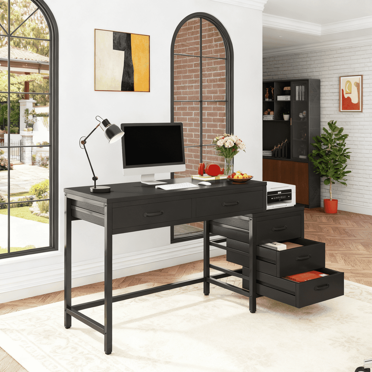 Fnova 39.37-Inch Industrial 5-Drawer Desk, Modern Computer Desk for Living Room/Study/Home Office, Easy Assembly,WM010294_B_Tables